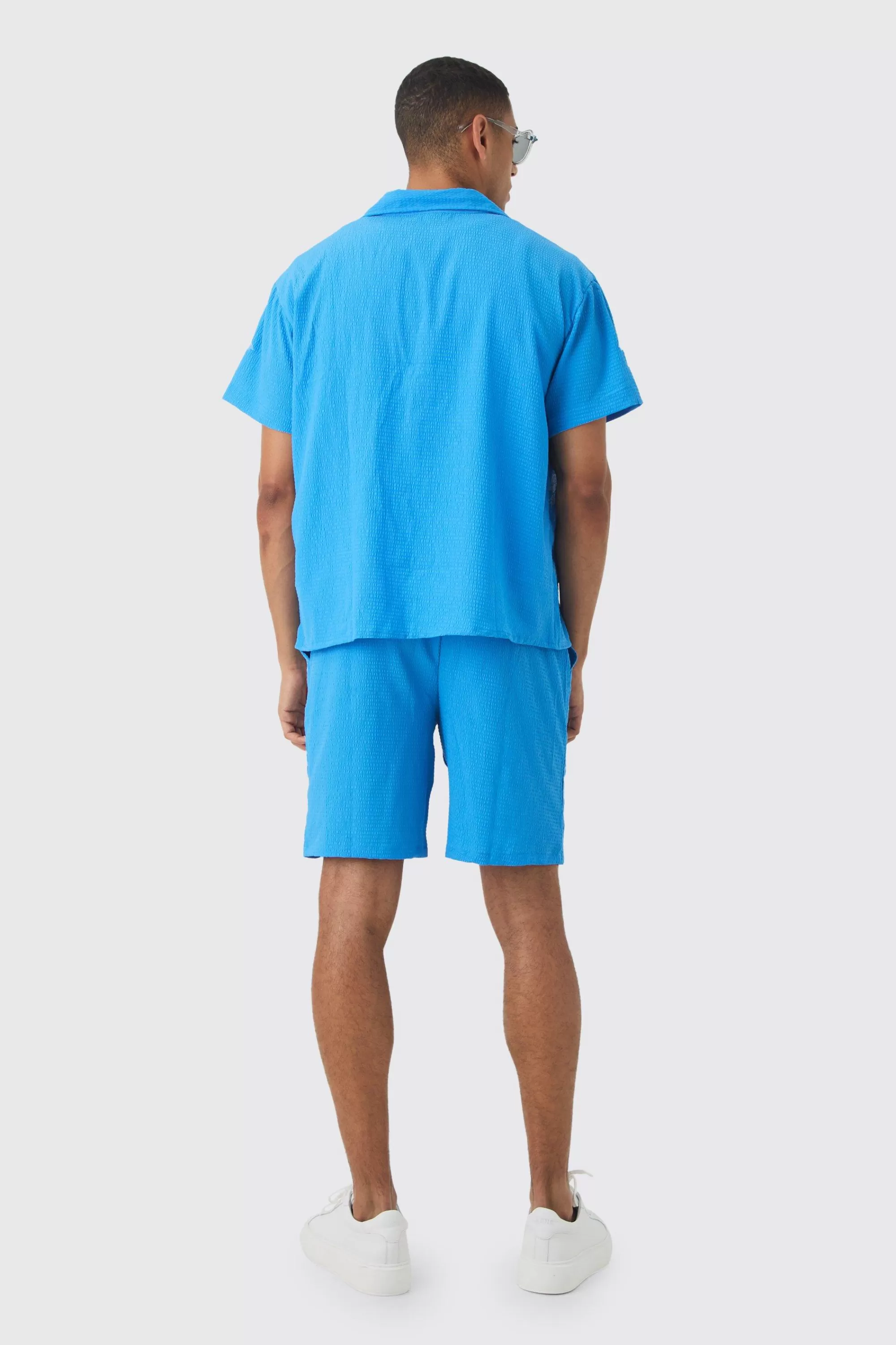 boohooMAN Boxy Seersucker Embroidered Floral Shirt & Short Set | UK
