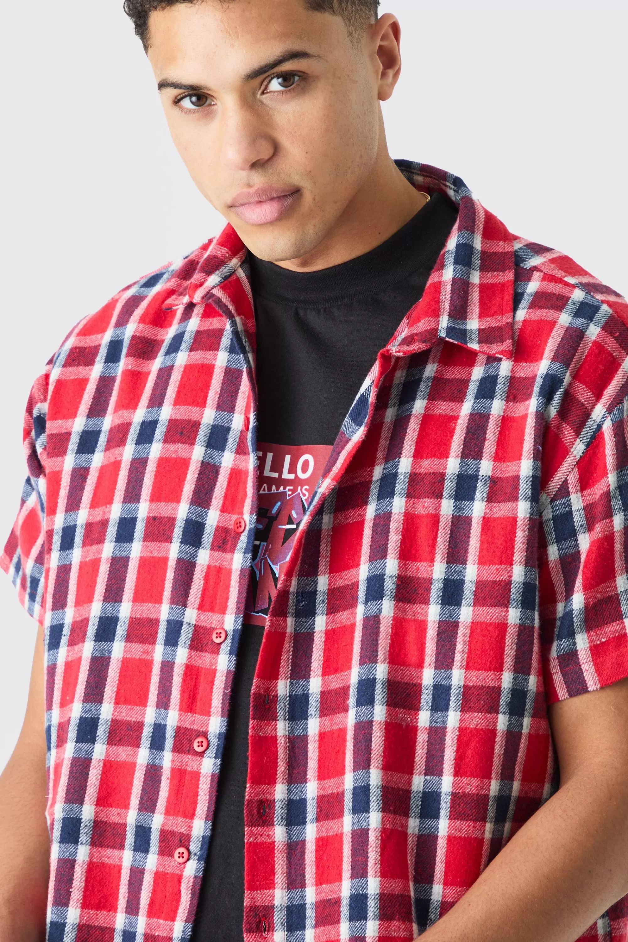 boohooMAN Boxy Short Sleeve Back Vent Check Shirt | UK