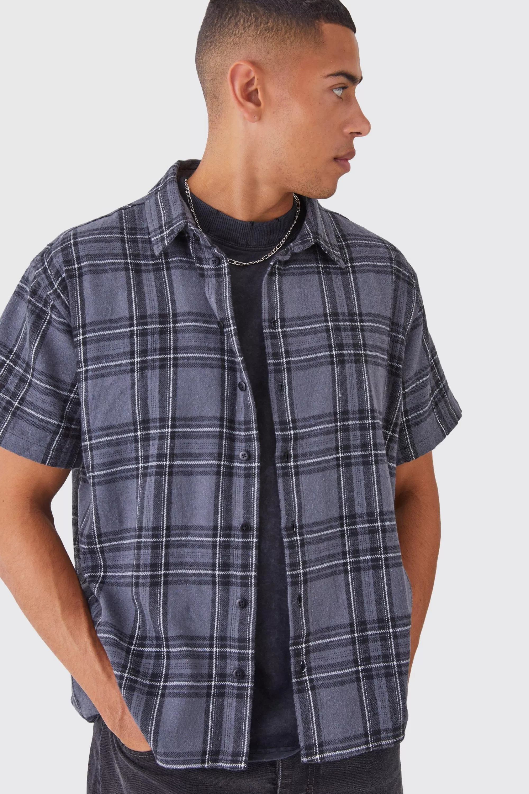 boohooMAN Boxy Short Sleeve Back Vent Check Shirt | UK