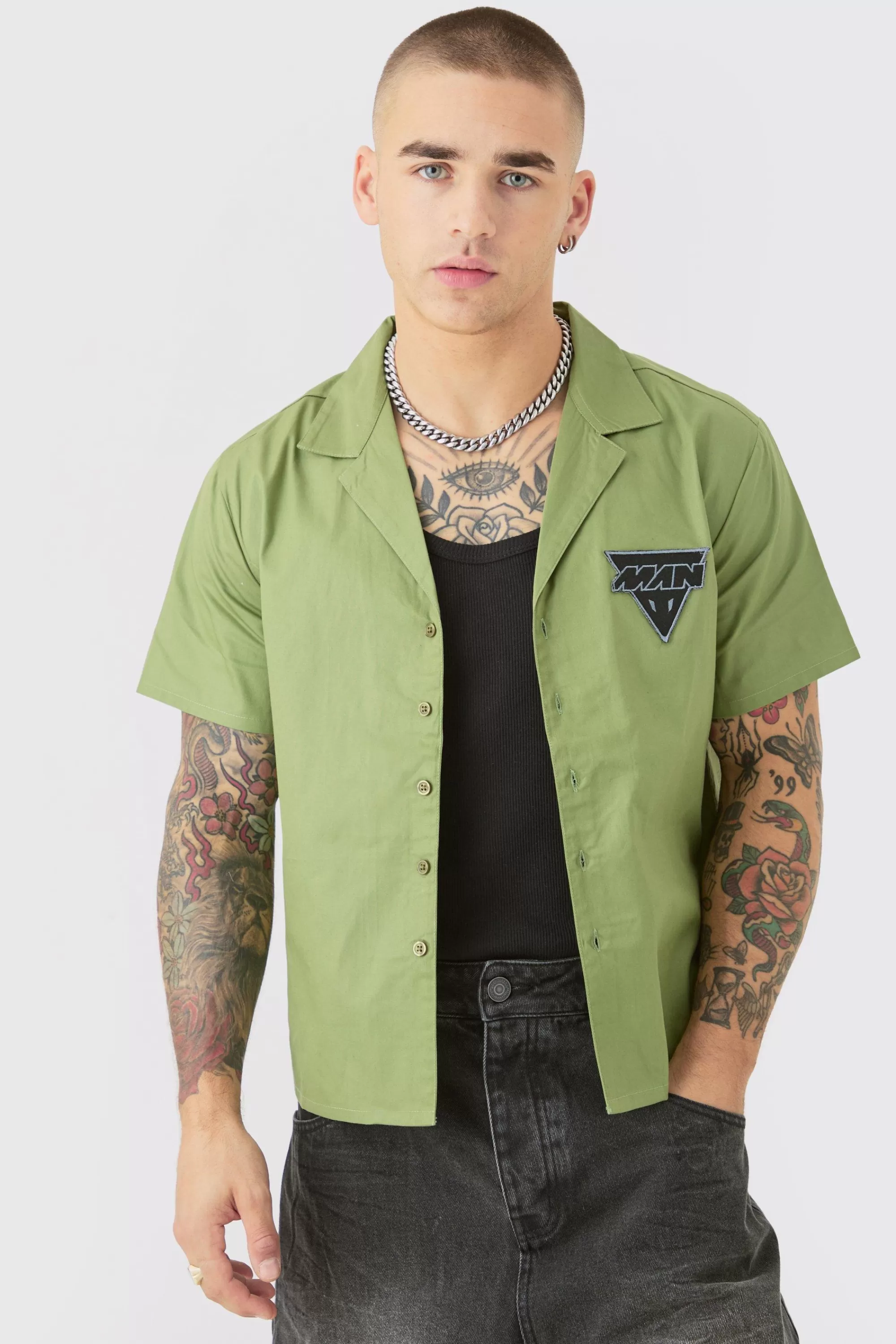 boohooMAN Boxy Short Sleeve Moto Poplin Shirt | UK
