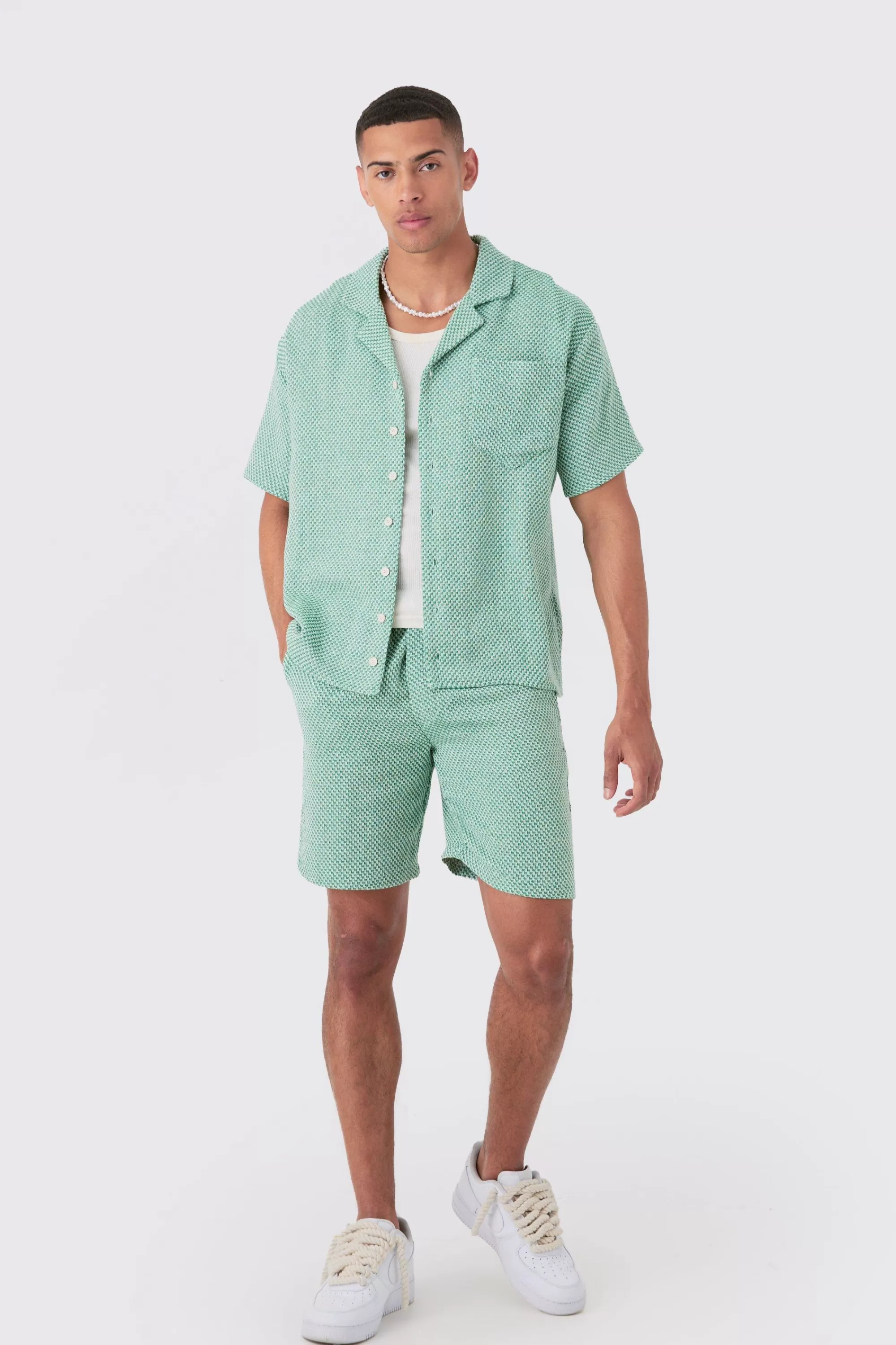 boohooMAN Boxy Short Sleeve Open Weave Shirt & Short Set | UK