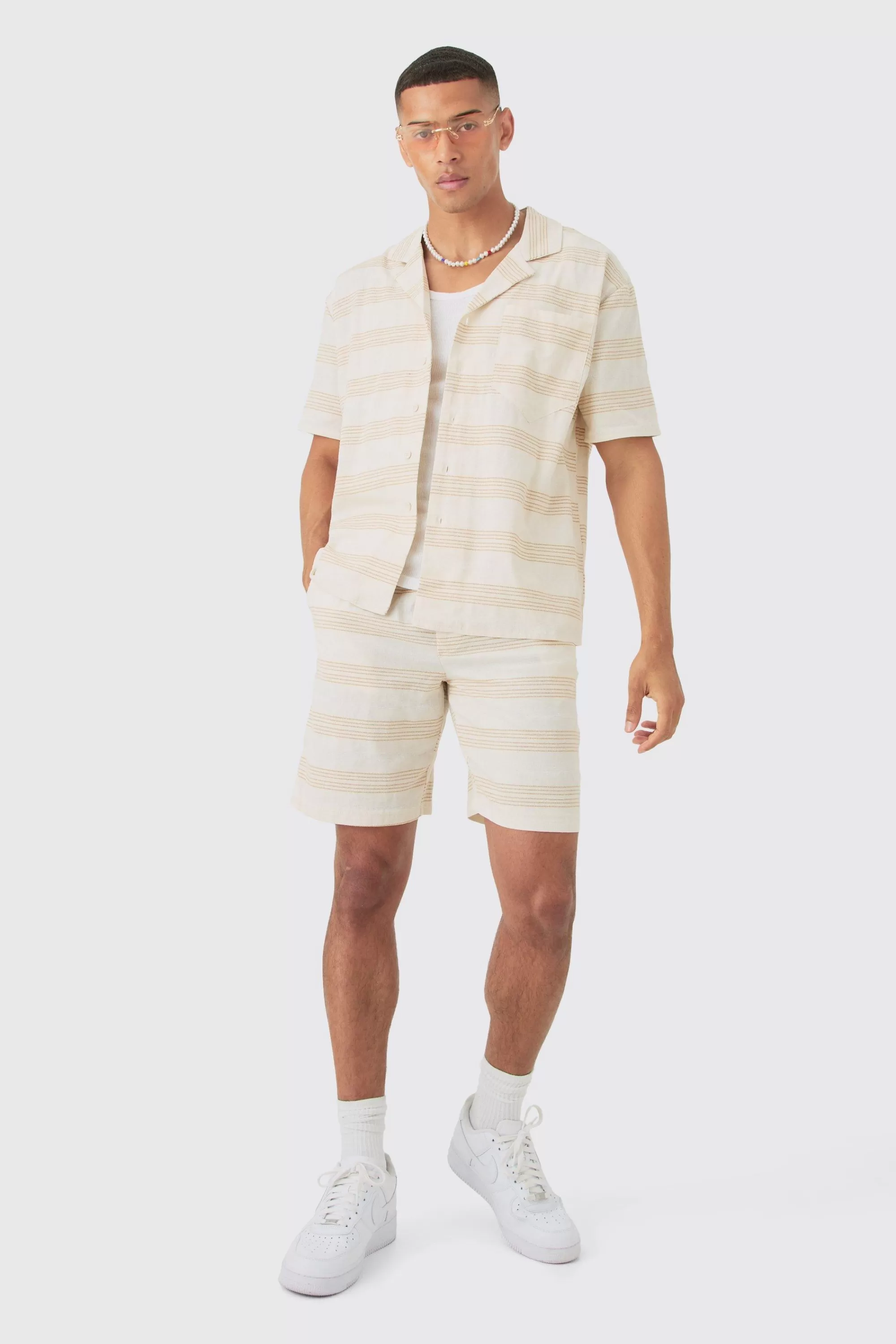 boohooMAN Boxy Short Sleeve Open Weave Shirt & Short Set | UK