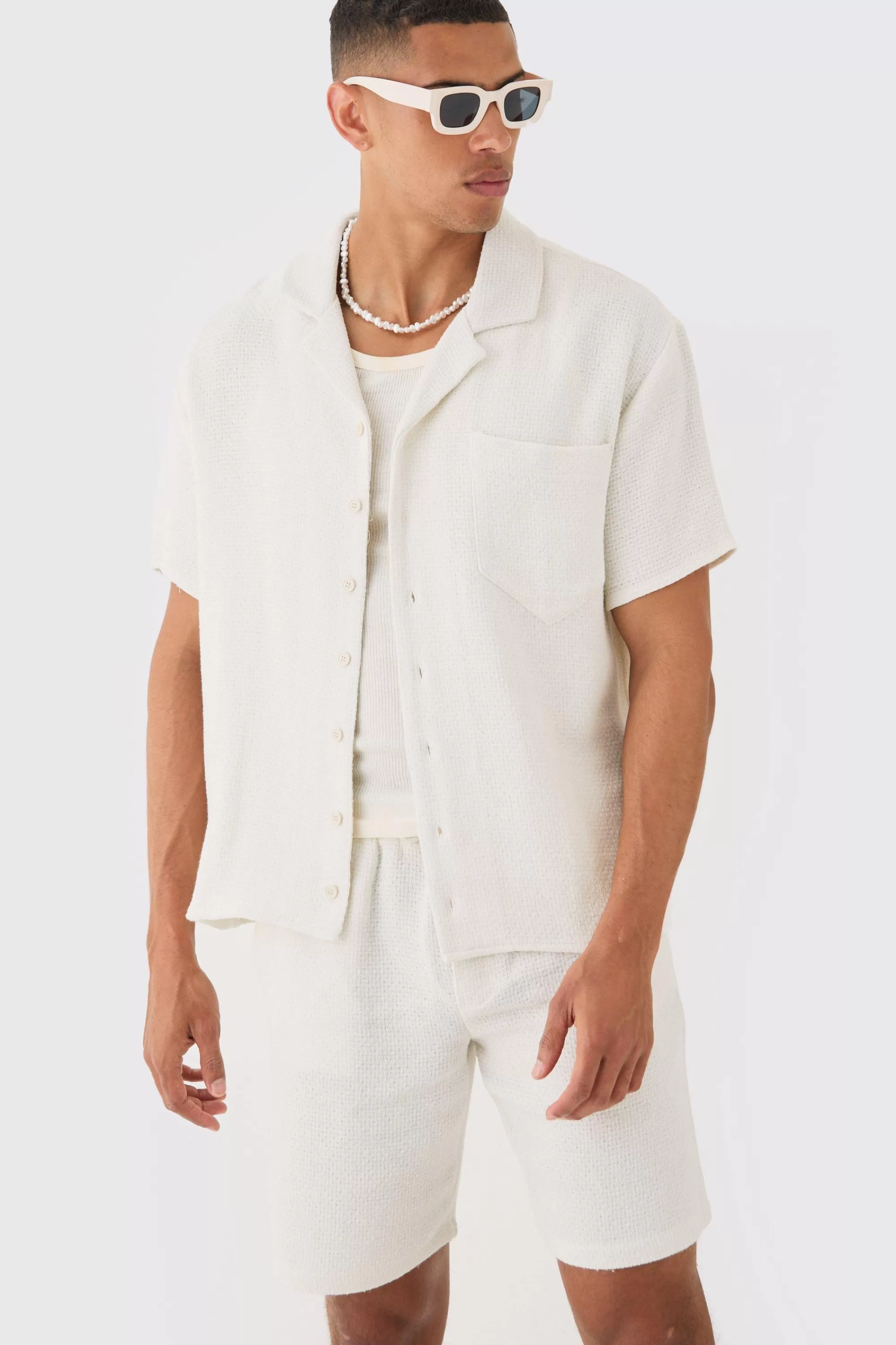 boohooMAN Boxy Short Sleeve Open Weave Shirt & Short Set | UK