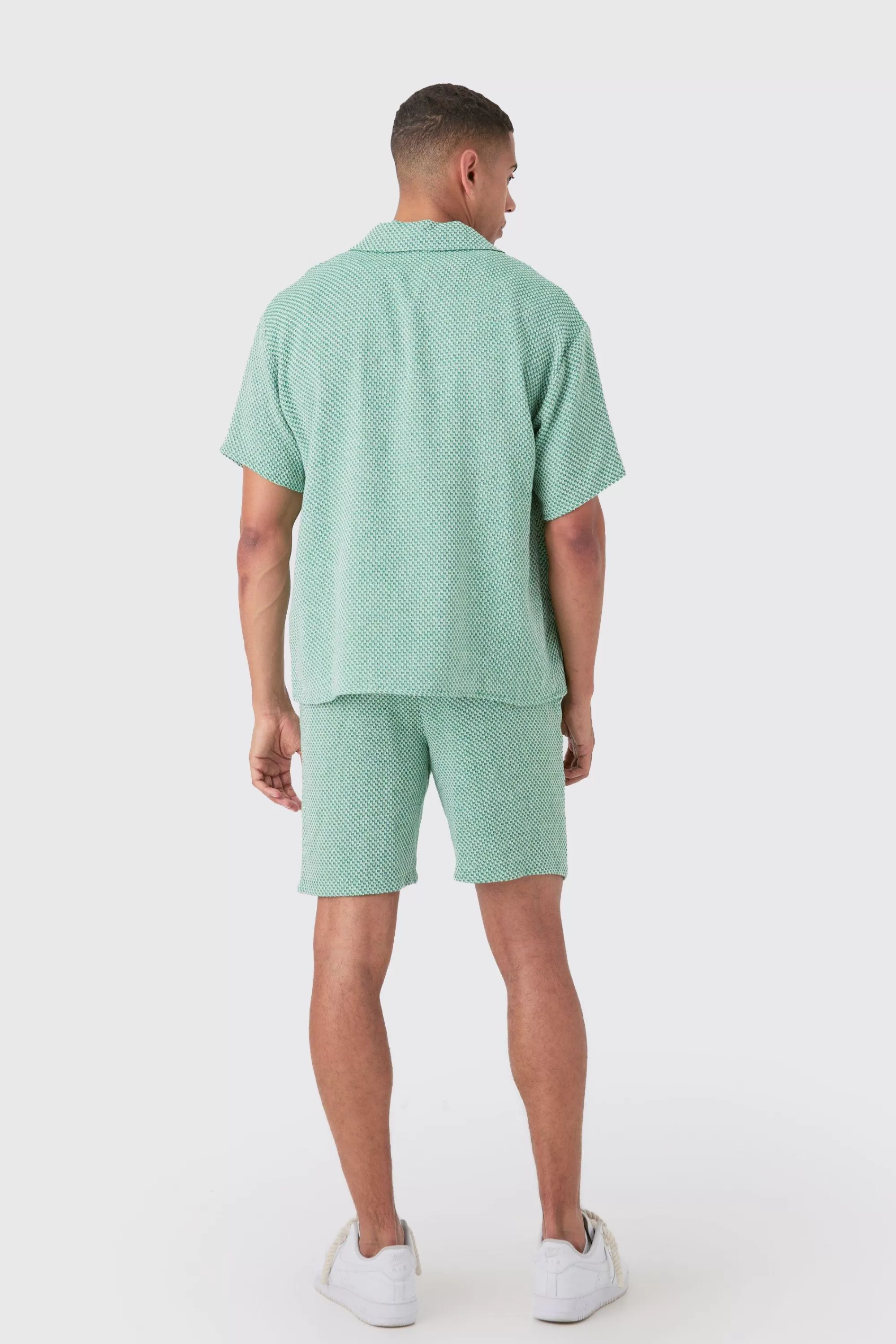 boohooMAN Boxy Short Sleeve Open Weave Shirt & Short Set | UK