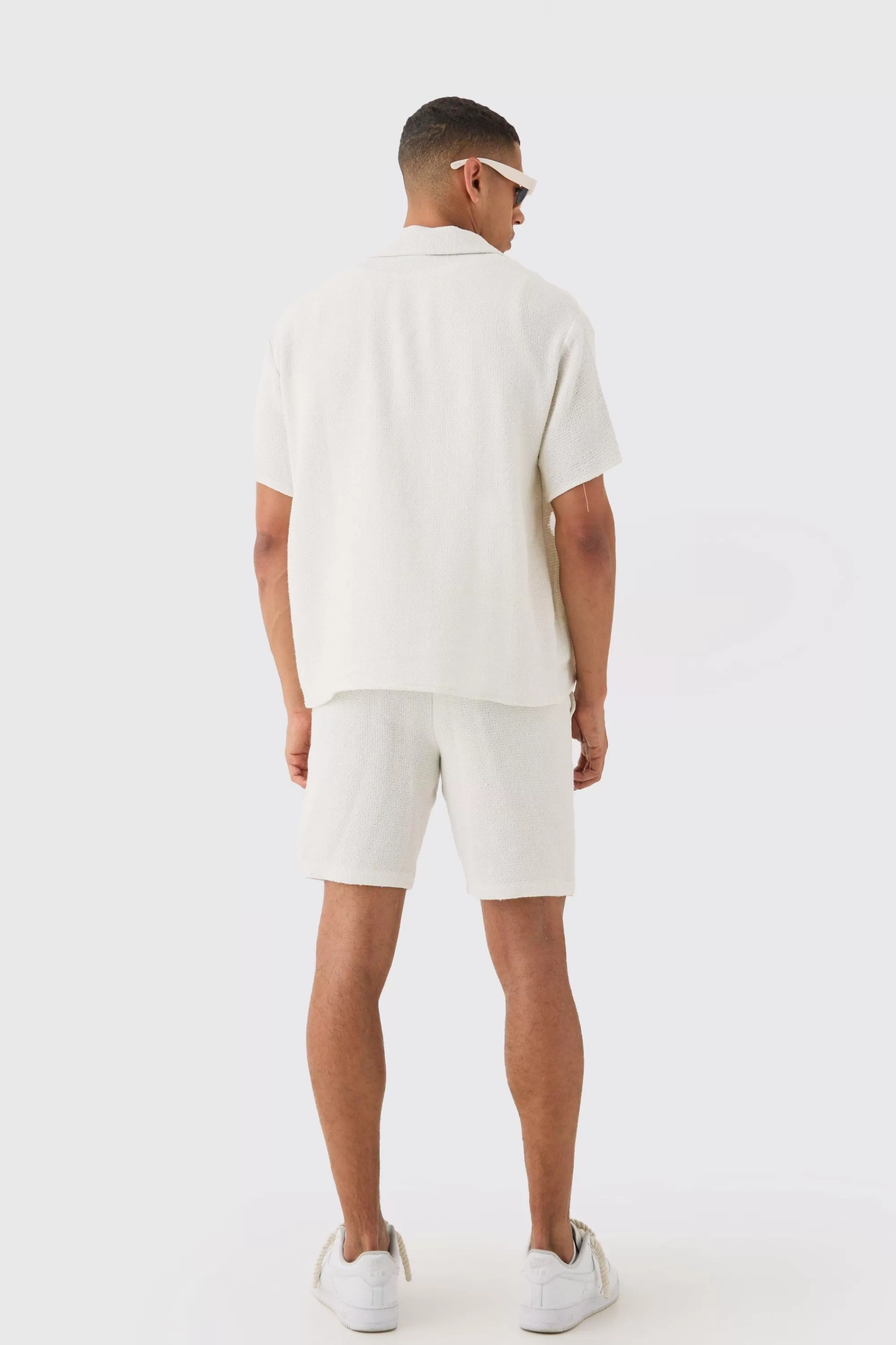 boohooMAN Boxy Short Sleeve Open Weave Shirt & Short Set | UK