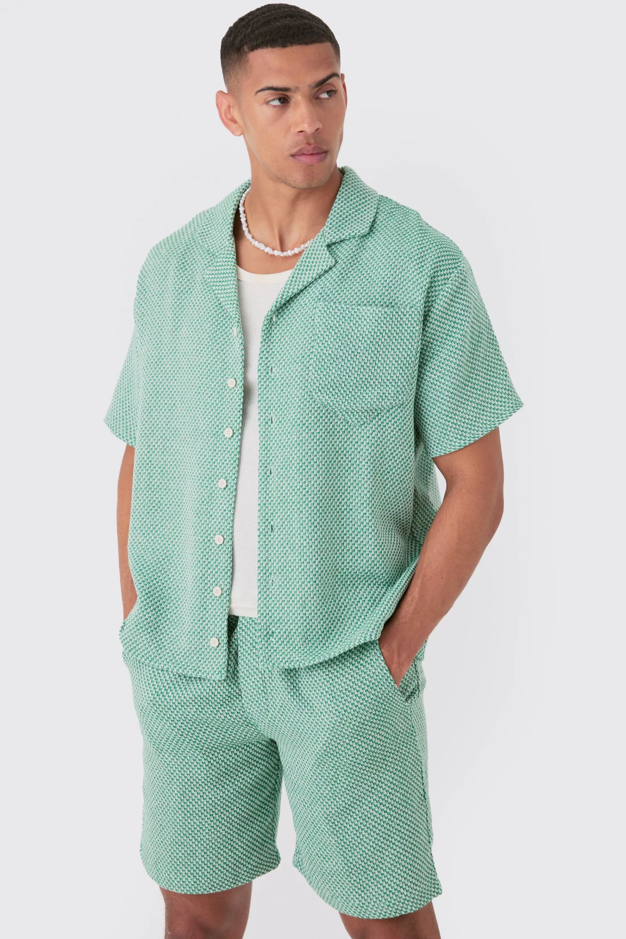 boohooMAN Boxy Short Sleeve Open Weave Shirt & Short Set | UK