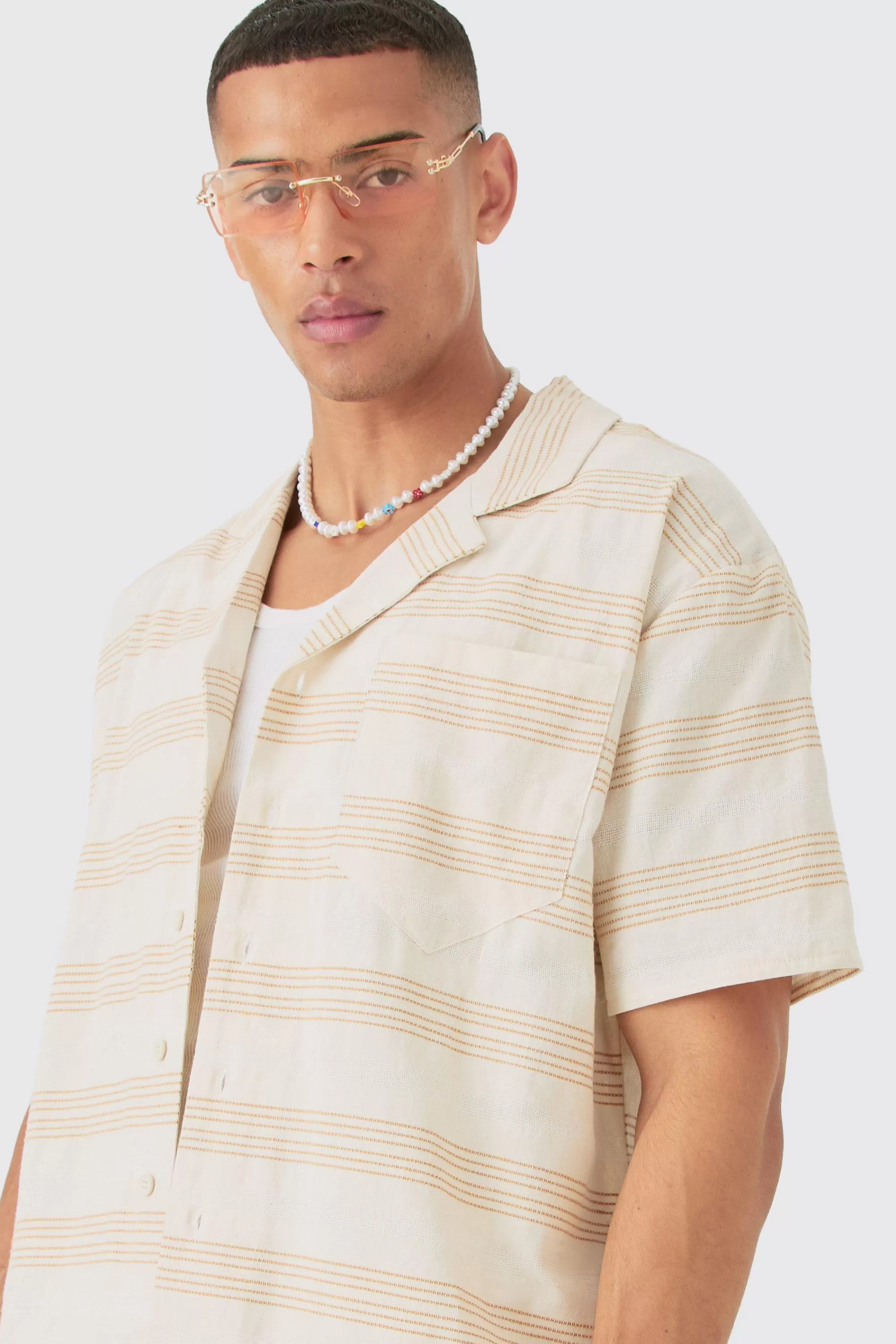 boohooMAN Boxy Short Sleeve Open Weave Shirt & Short Set | UK
