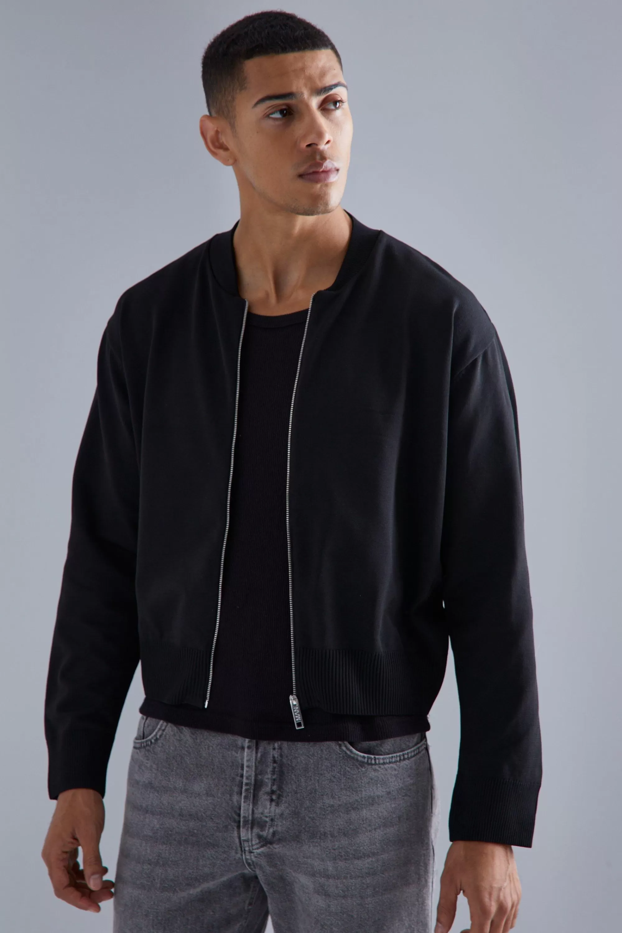 boohooMAN Boxy Smart Knitted Bomber | UK