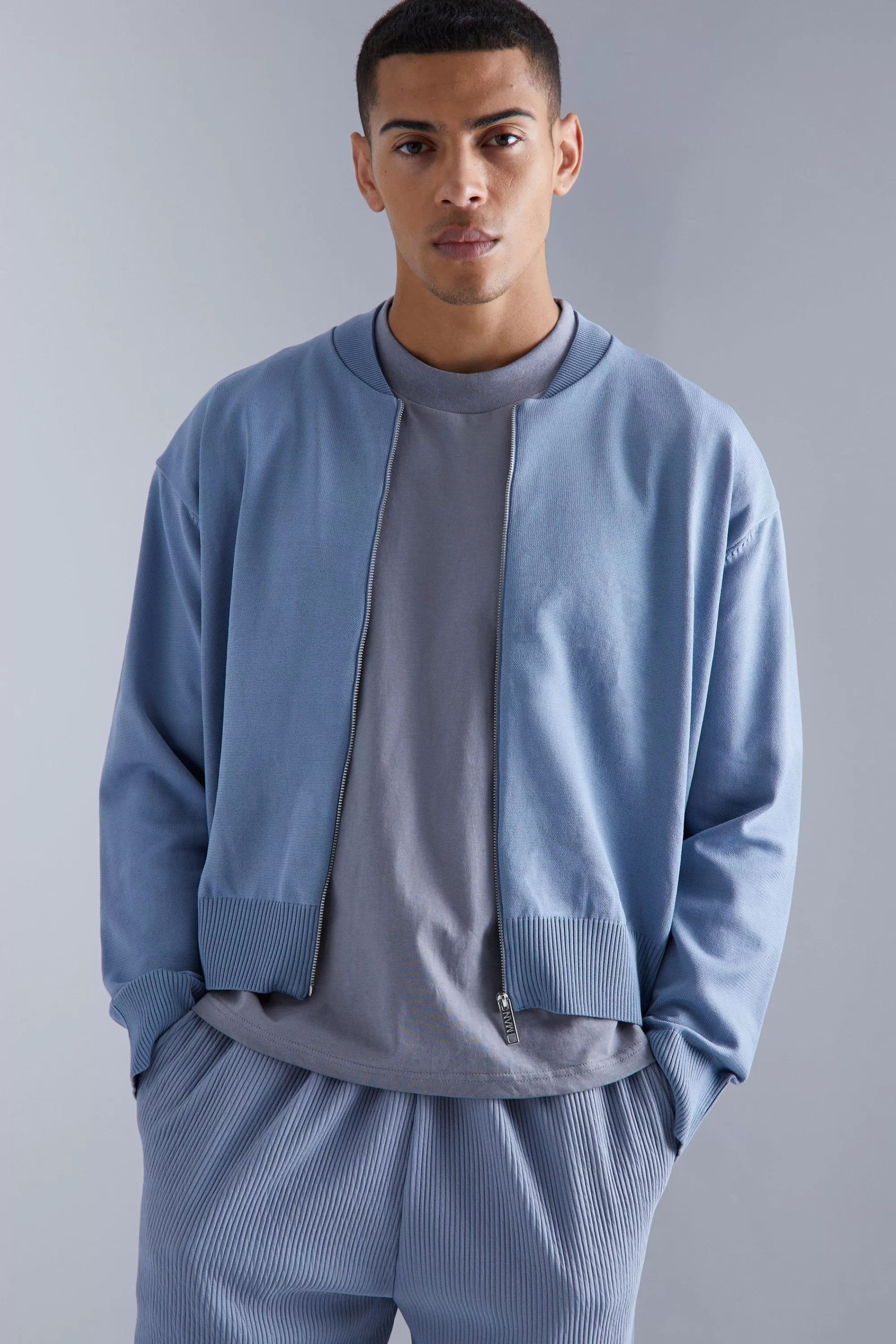 boohooMAN Boxy Smart Knitted Bomber | UK