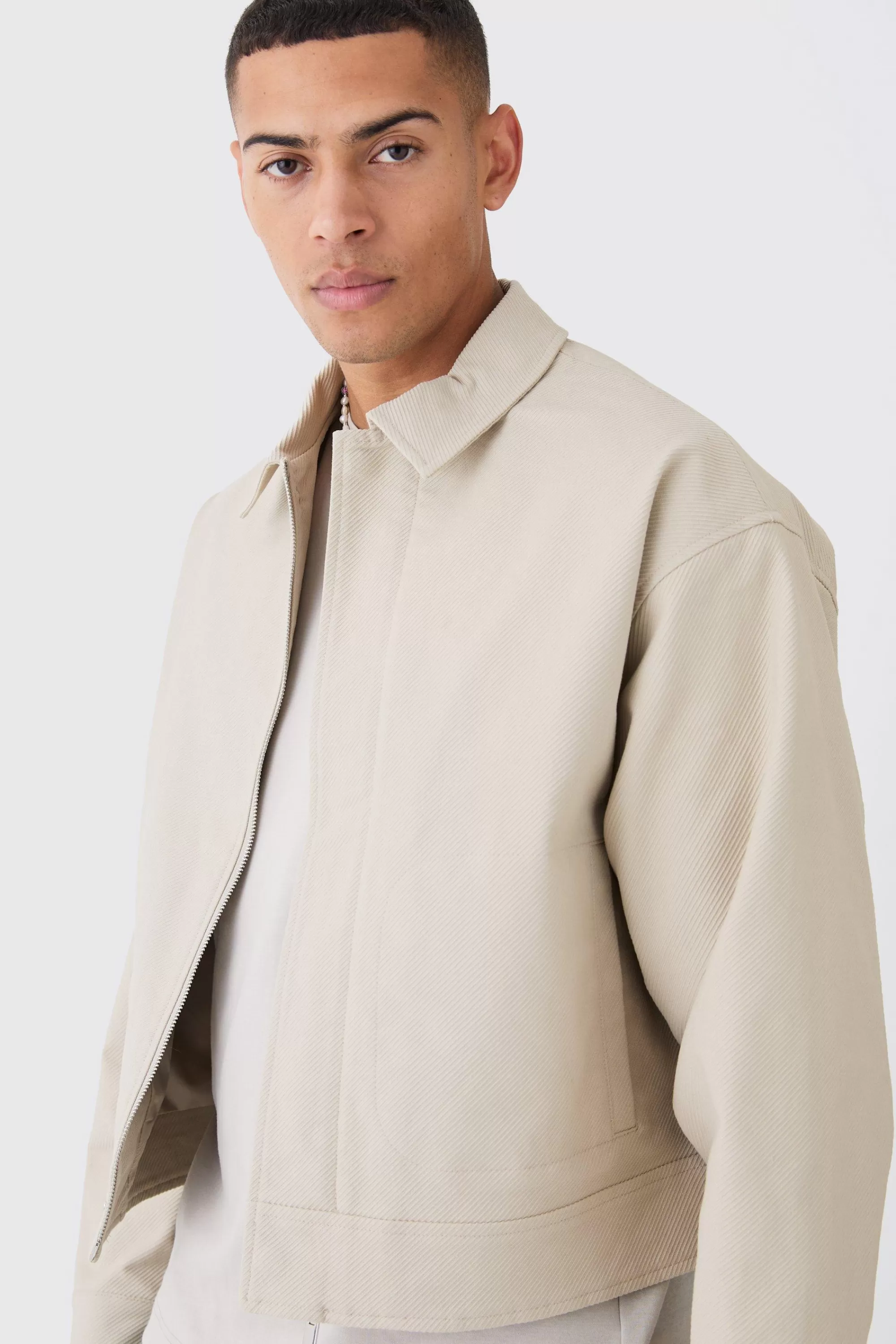boohooMAN Boxy Smart Ribbed Twill Harrington Jacket | UK