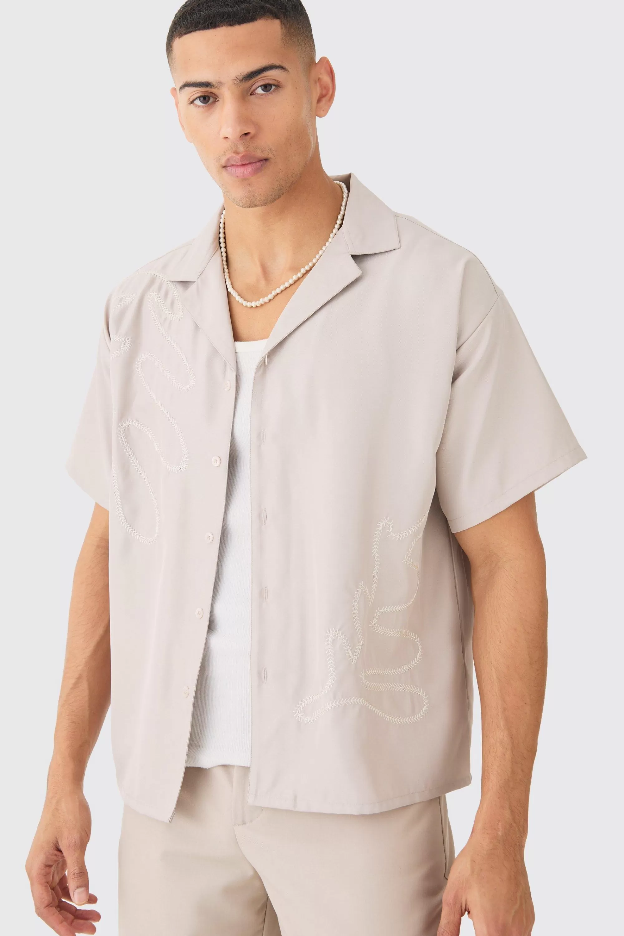 boohooMAN Boxy Soft Twill Cartoon Leaf Embroidered Shirt | UK