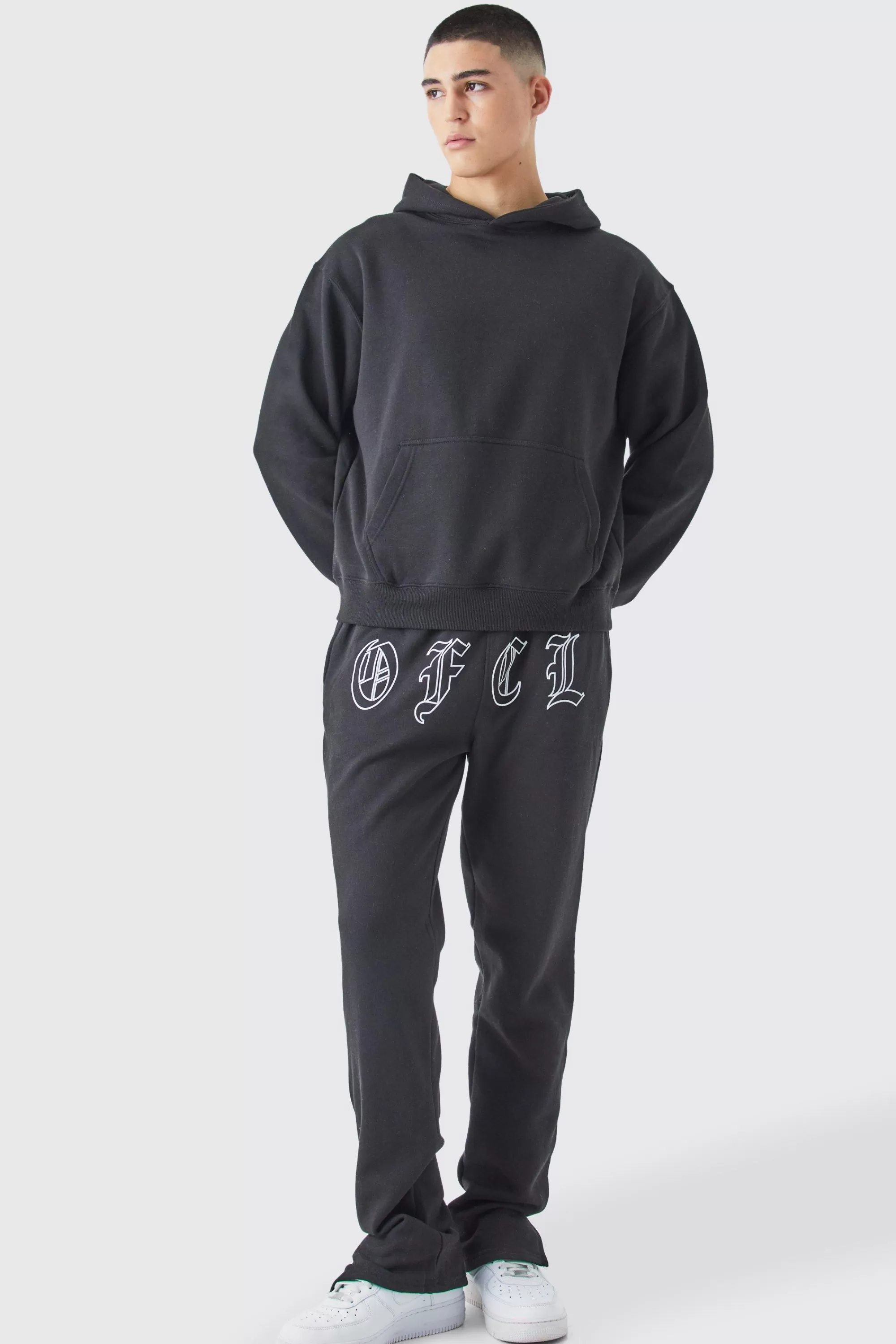 boohooMAN Boxy Split Hem Ofcl Back Graphic Hooded Tracksuit | UK