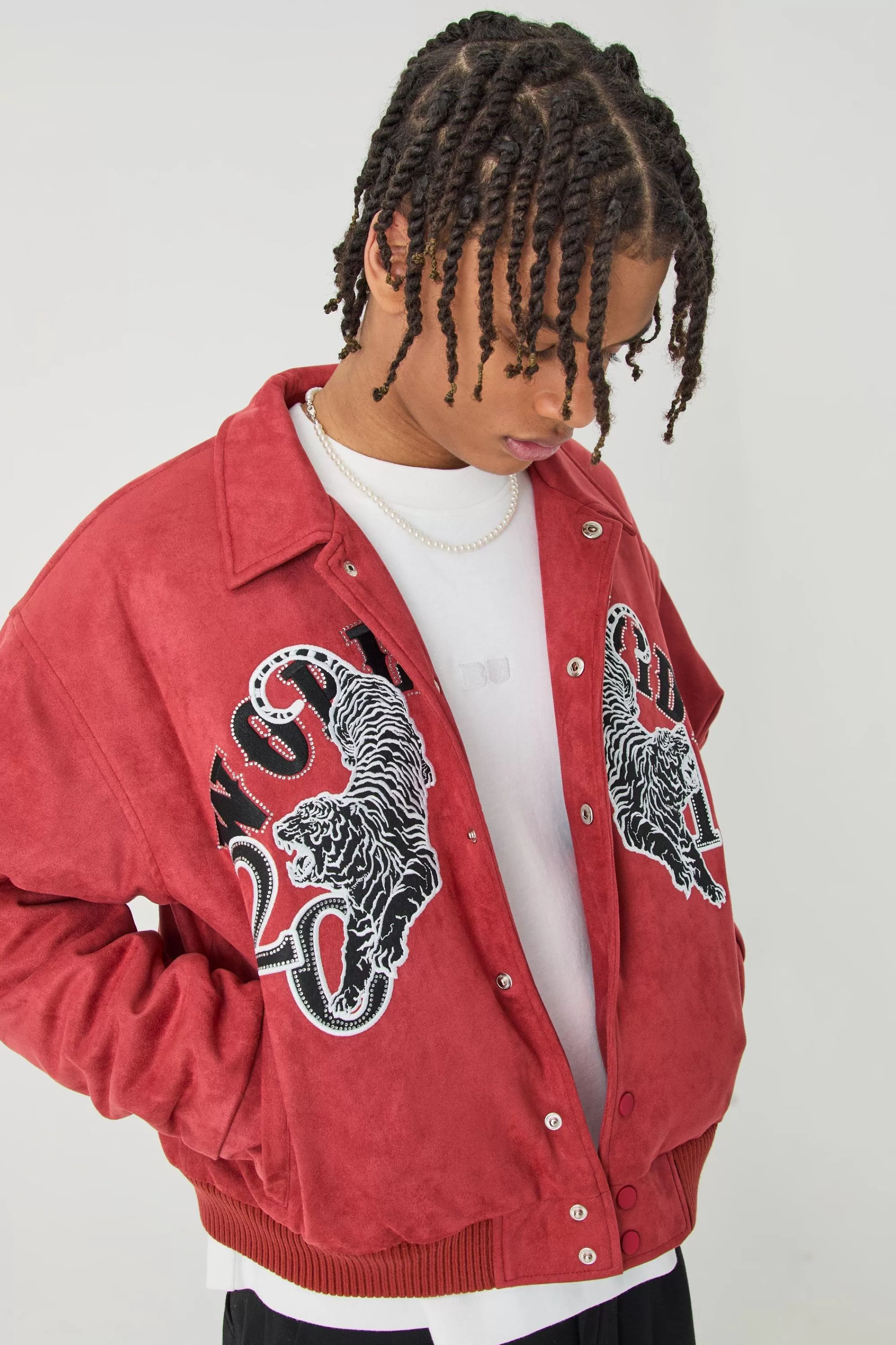 boohooMAN Boxy Suede Embroidered Varsity Jacket | UK
