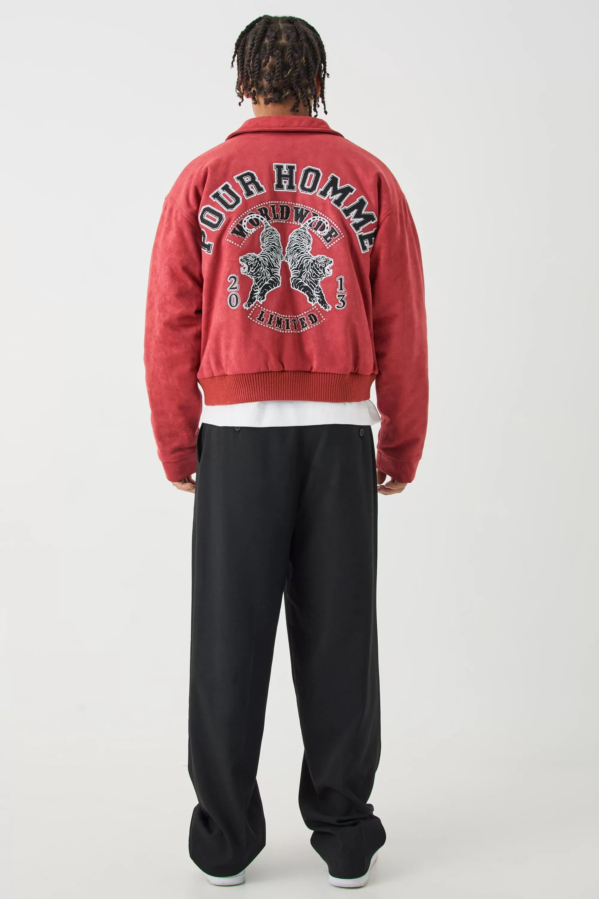 boohooMAN Boxy Suede Embroidered Varsity Jacket | UK