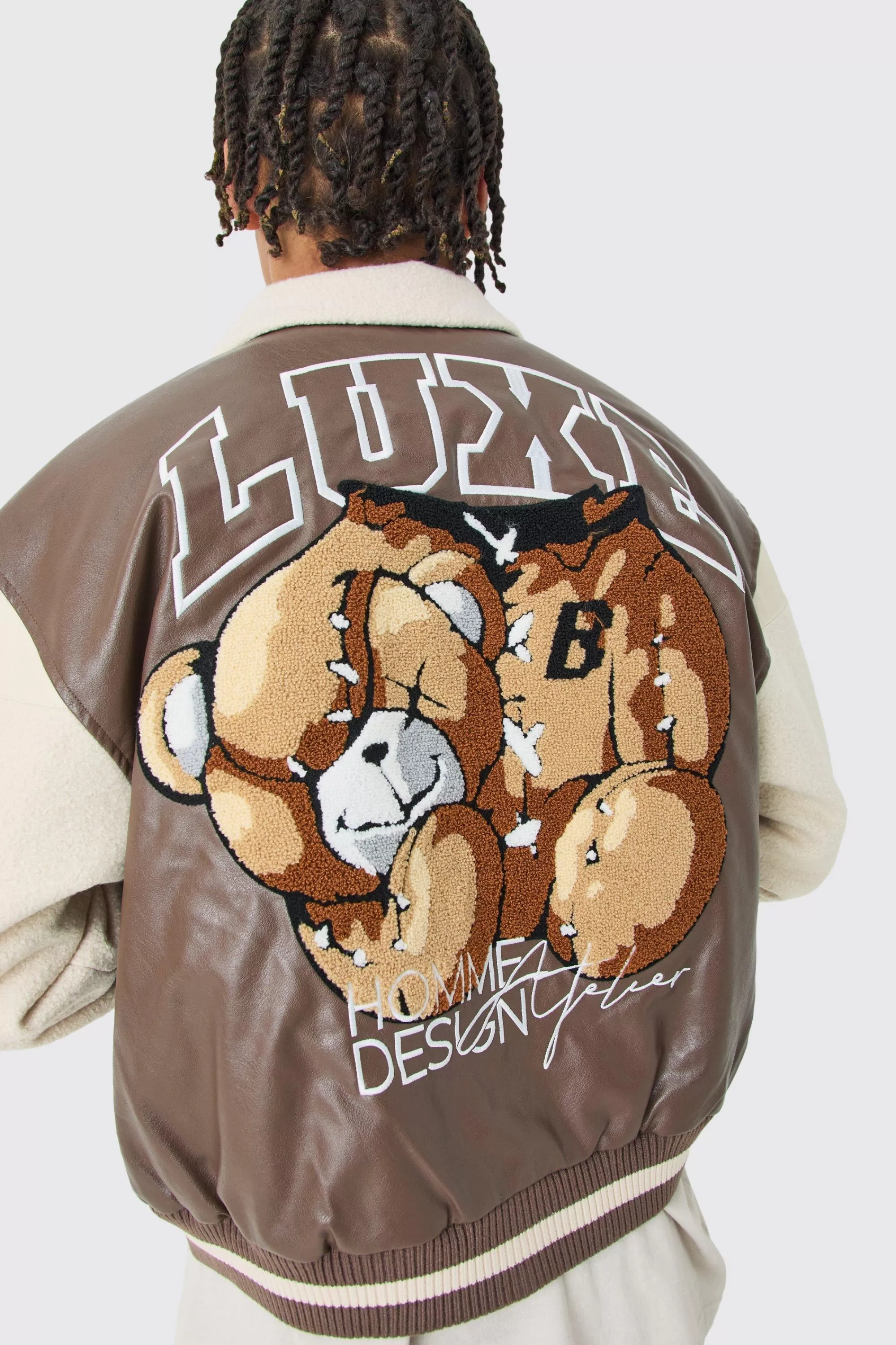 boohooMAN Boxy Teddy Varsity Jacket With Boucle Sleeves | UK