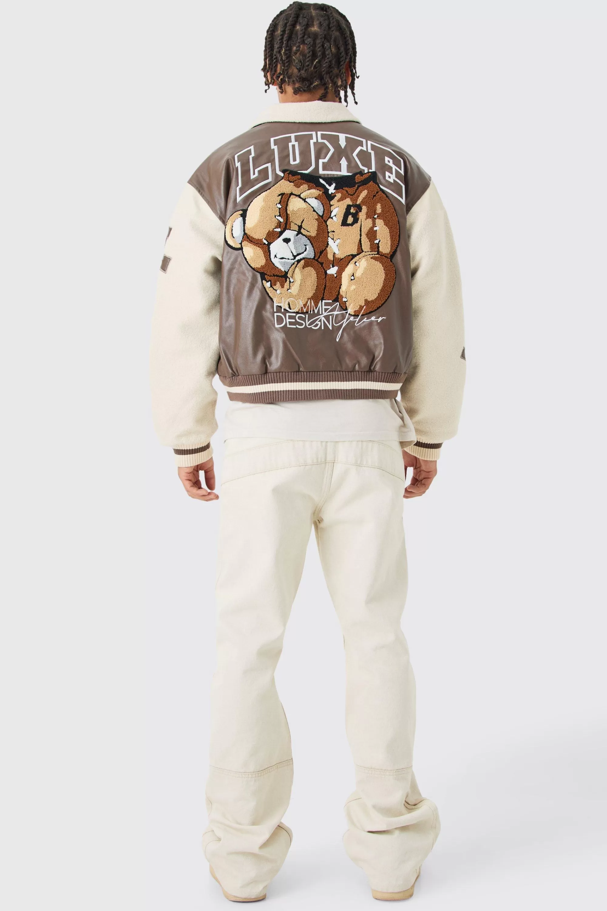boohooMAN Boxy Teddy Varsity Jacket With Boucle Sleeves | UK