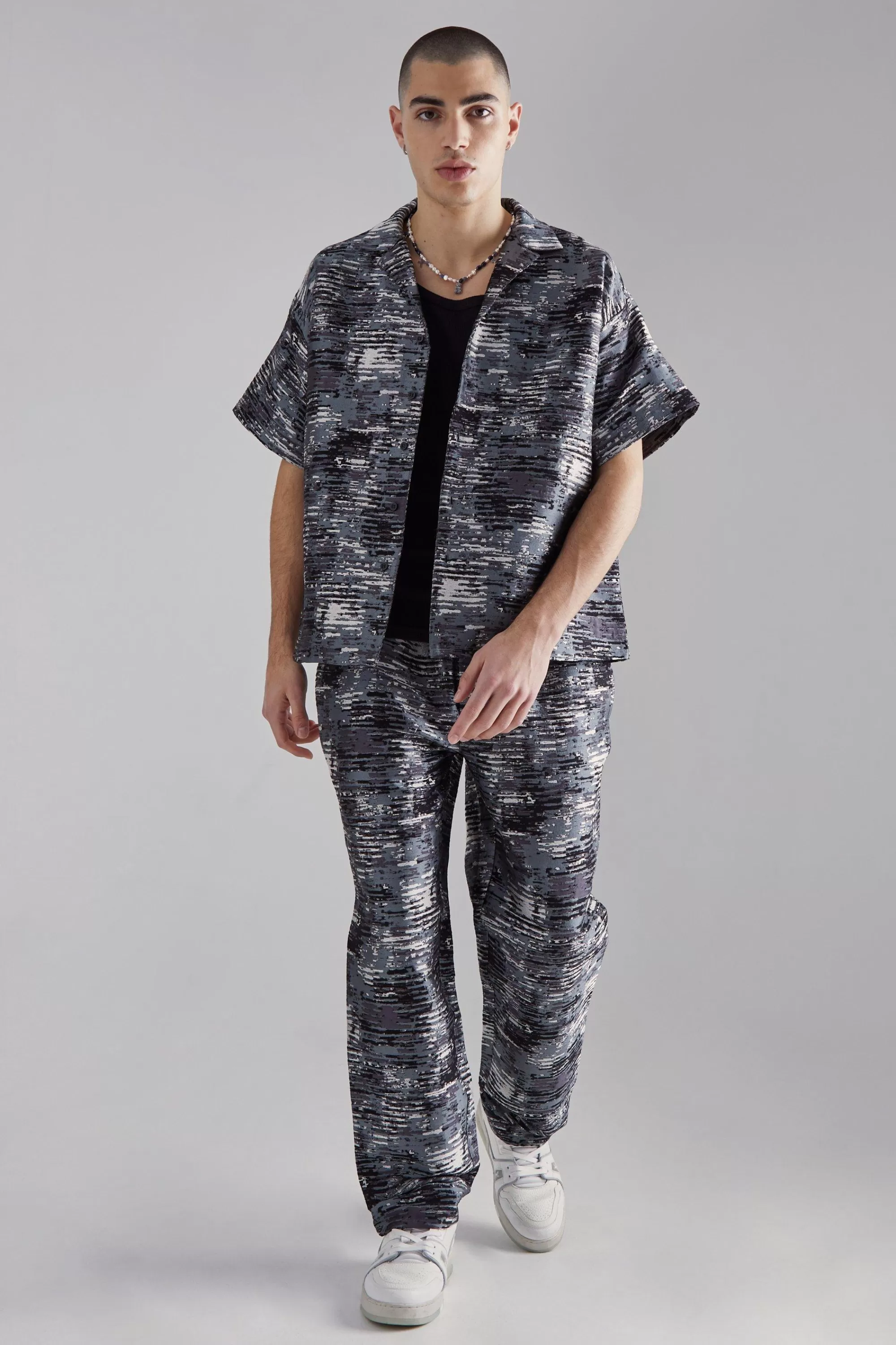 boohooMAN Boxy Textured Camo Shirt And Trouser Set | UK