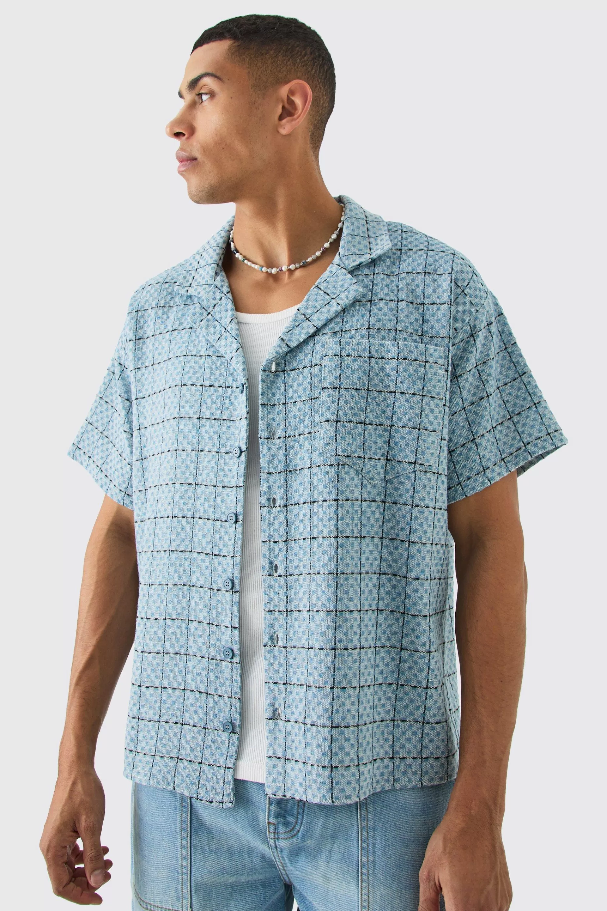 boohooMAN Boxy Textured Grid Check Shirt | UK