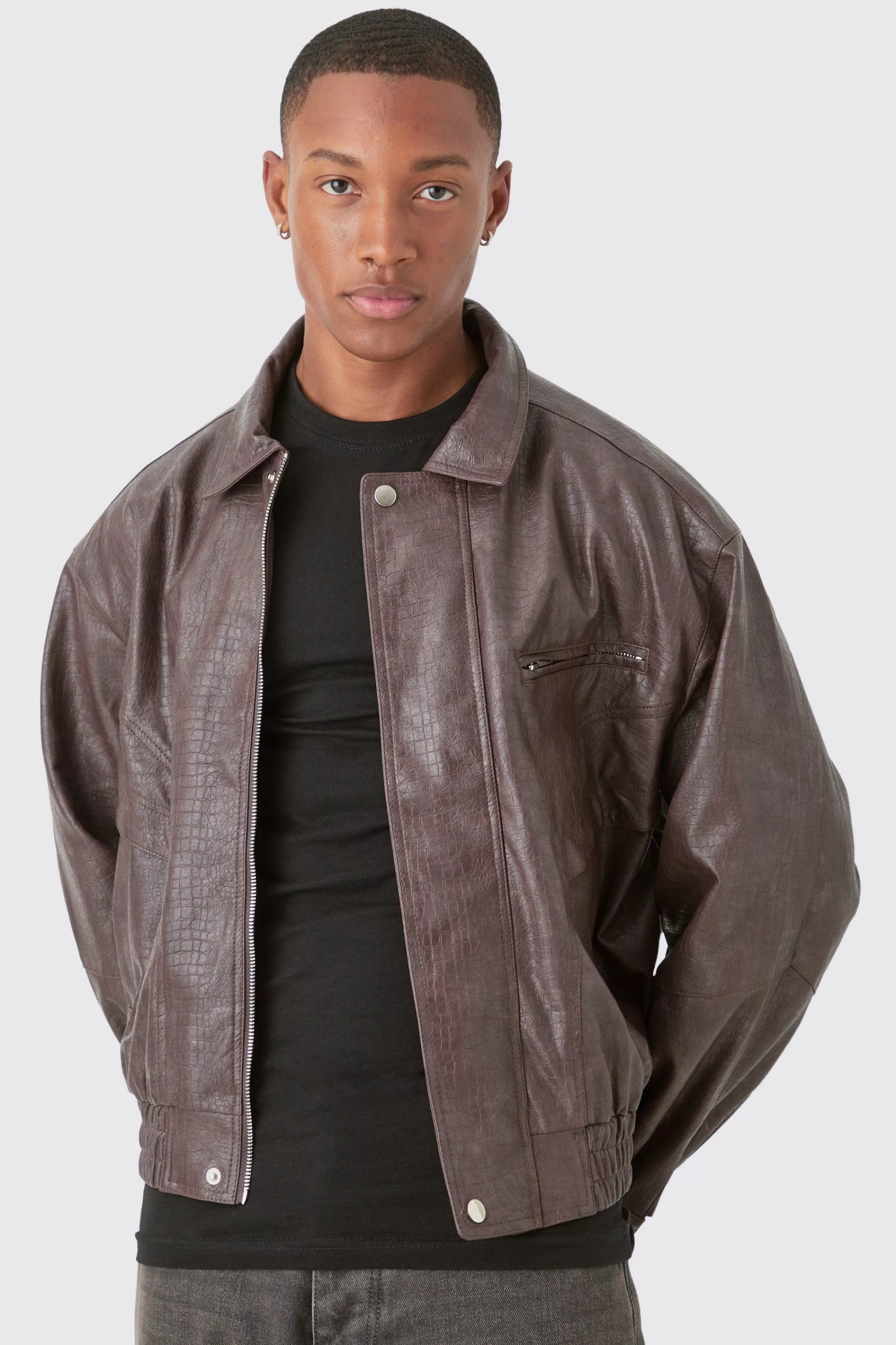 boohooMAN Boxy Textured Pu Bomber In | UK