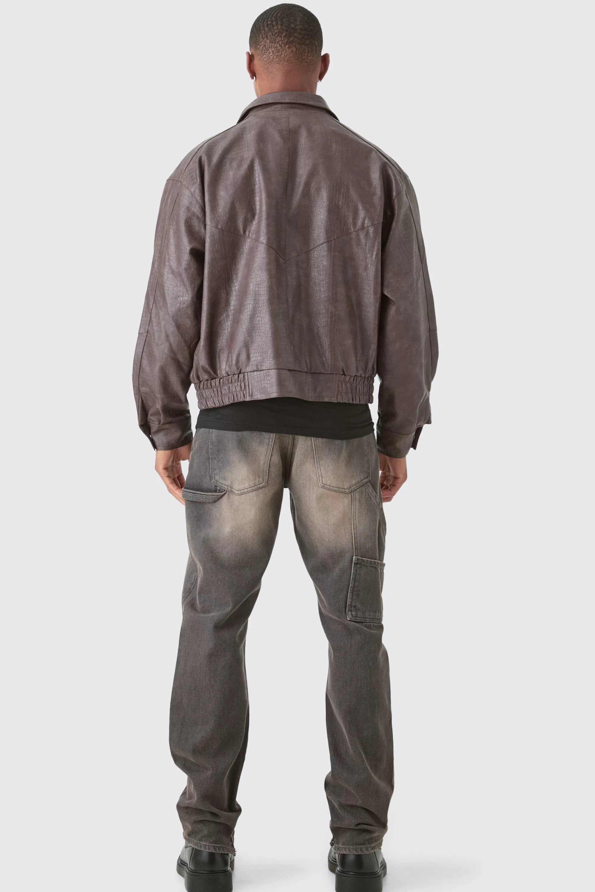 boohooMAN Boxy Textured Pu Bomber In | UK
