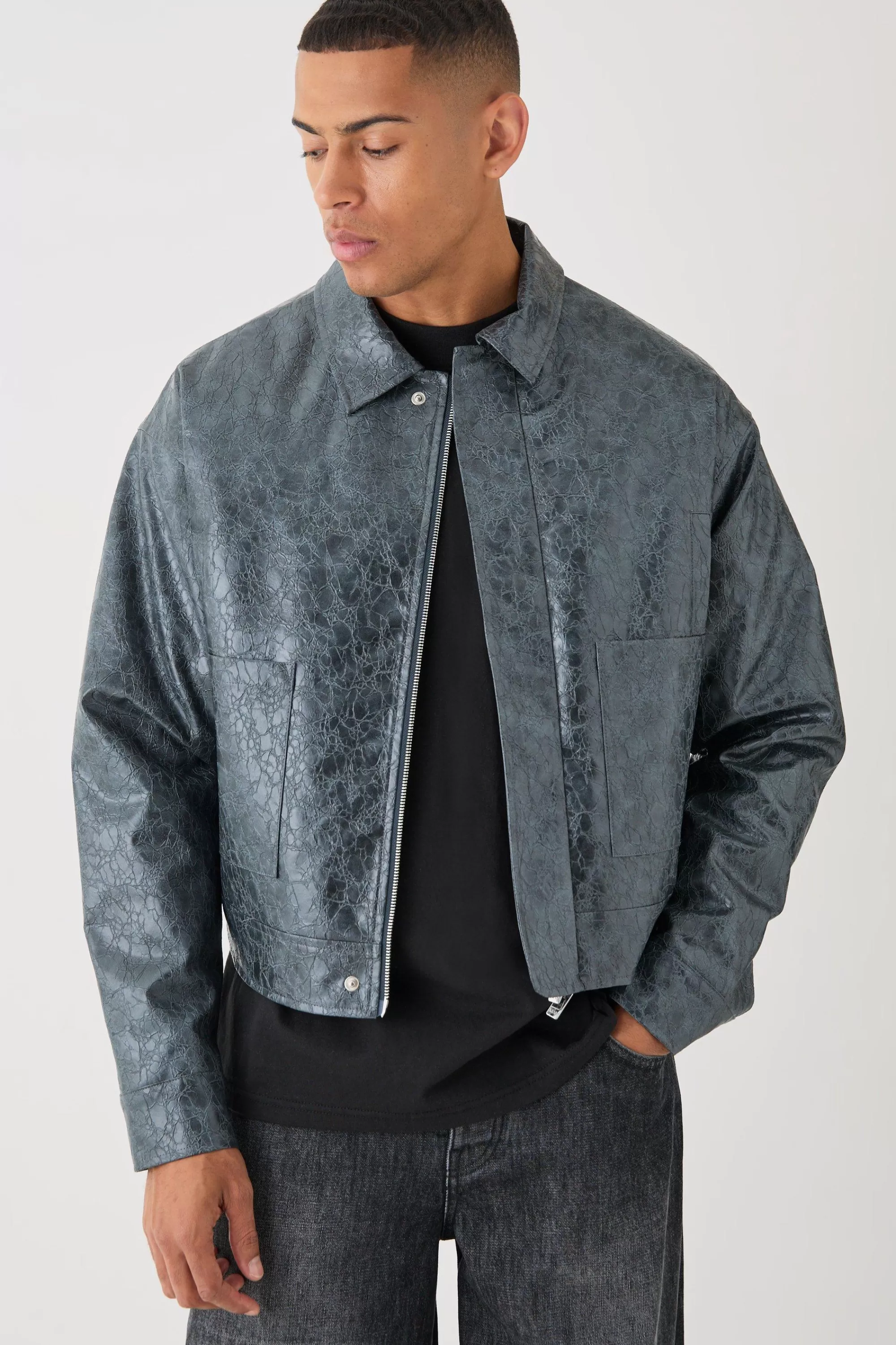 boohooMAN Boxy Textured Pu Harrington In | UK