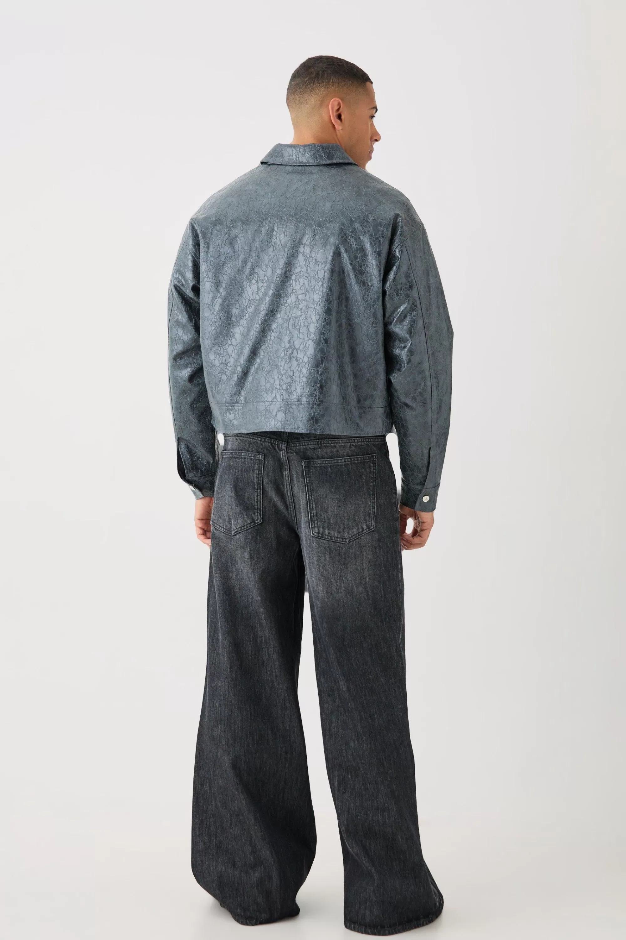 boohooMAN Boxy Textured Pu Harrington In | UK