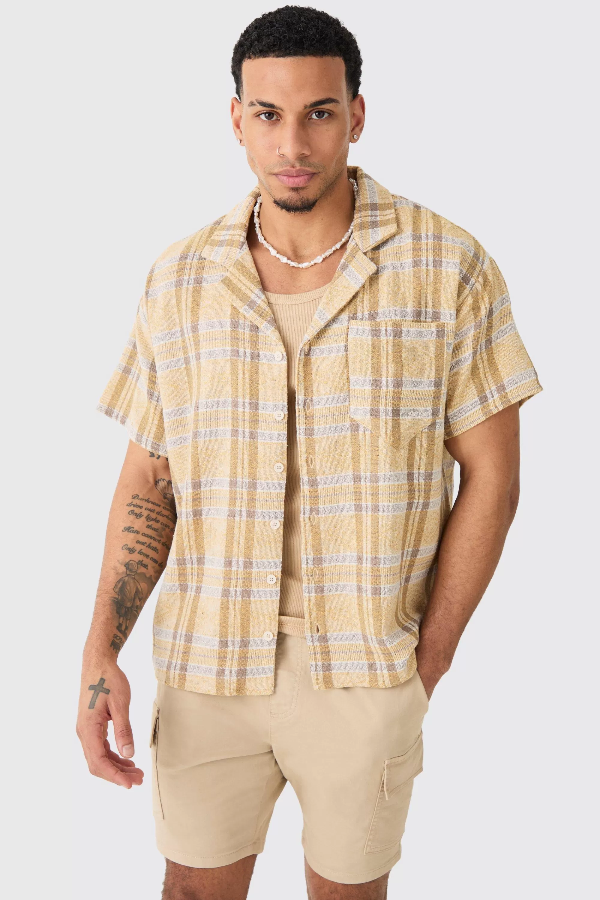 boohooMAN Boxy Tonal Textured Check Shirt | UK
