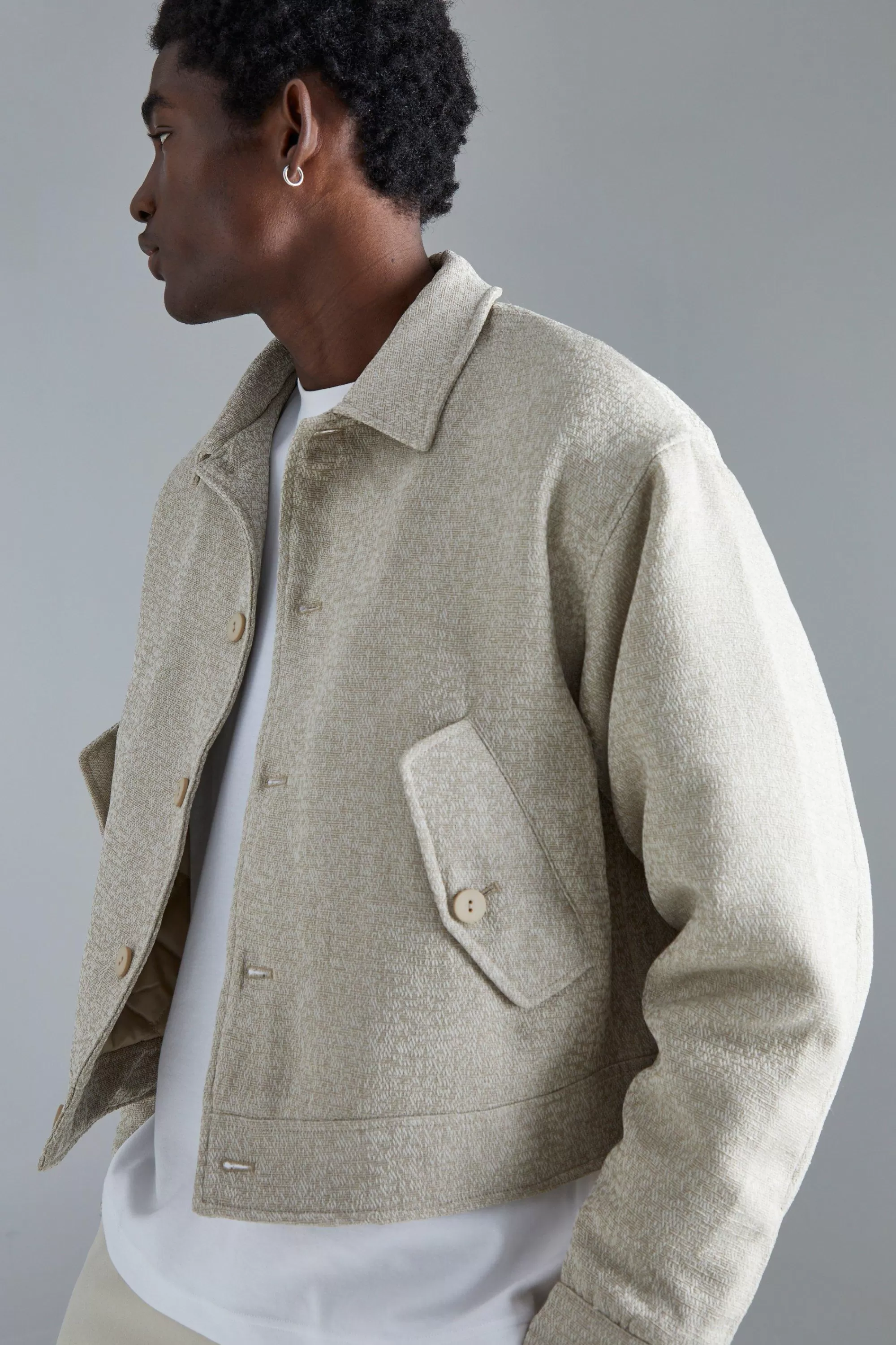 boohooMAN Boxy Tonal Textured Jacquard Harrington | UK