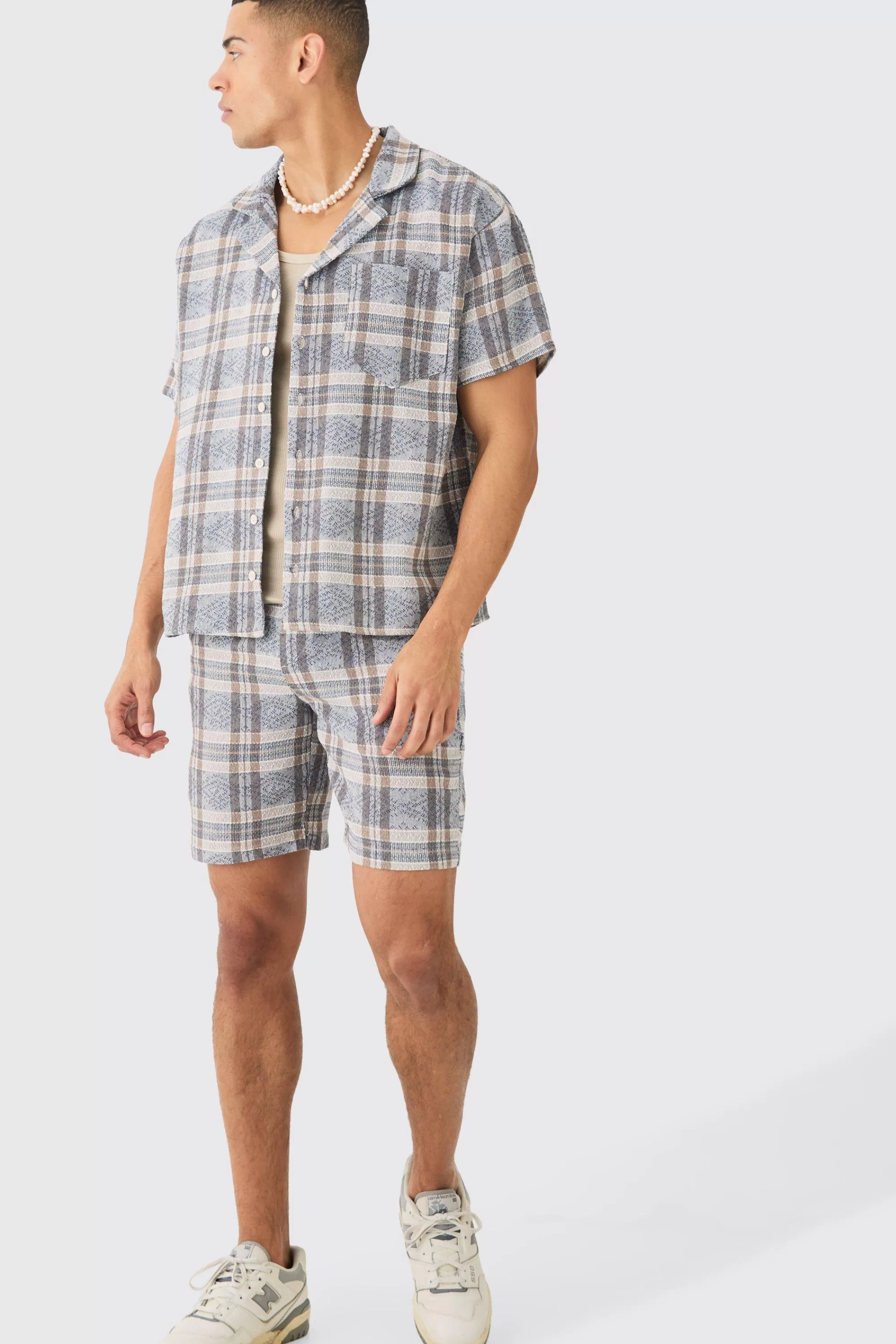 boohooMAN Boxy Tonal Textured Shirt And Short | UK