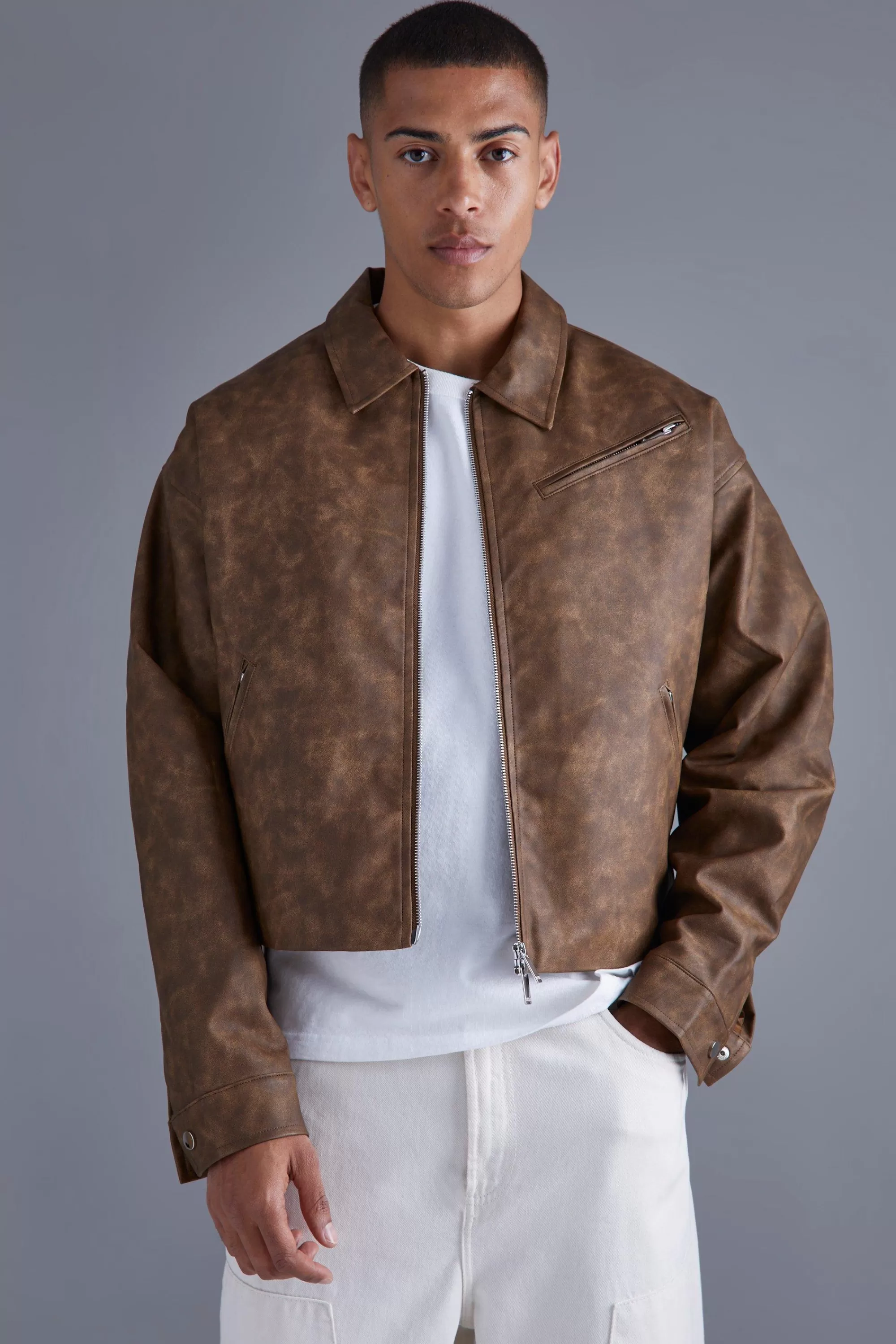 boohooMAN Boxy Tumbled Pu Collared Bomber | UK