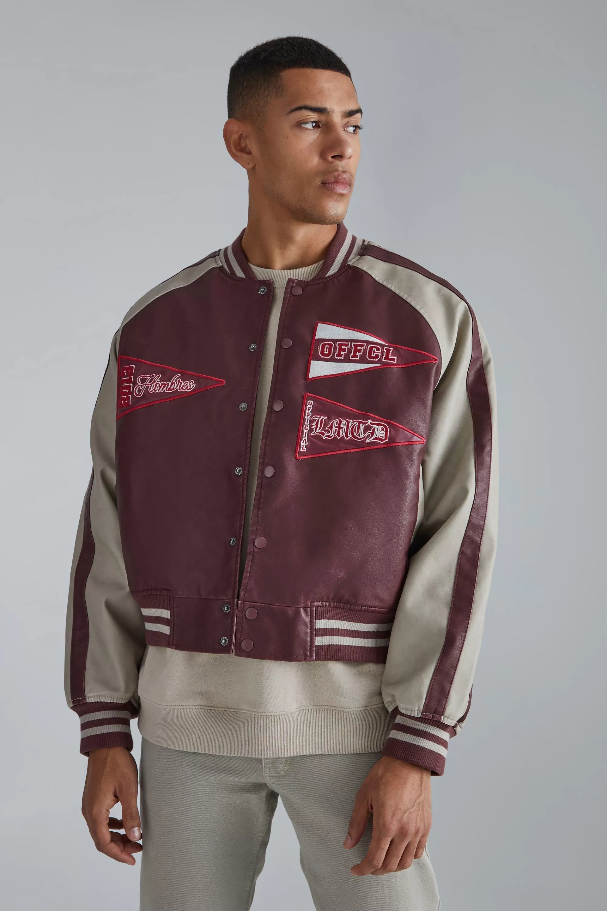 boohooMAN Boxy Tumbled Pu Pannelled Varsity Jacket | UK
