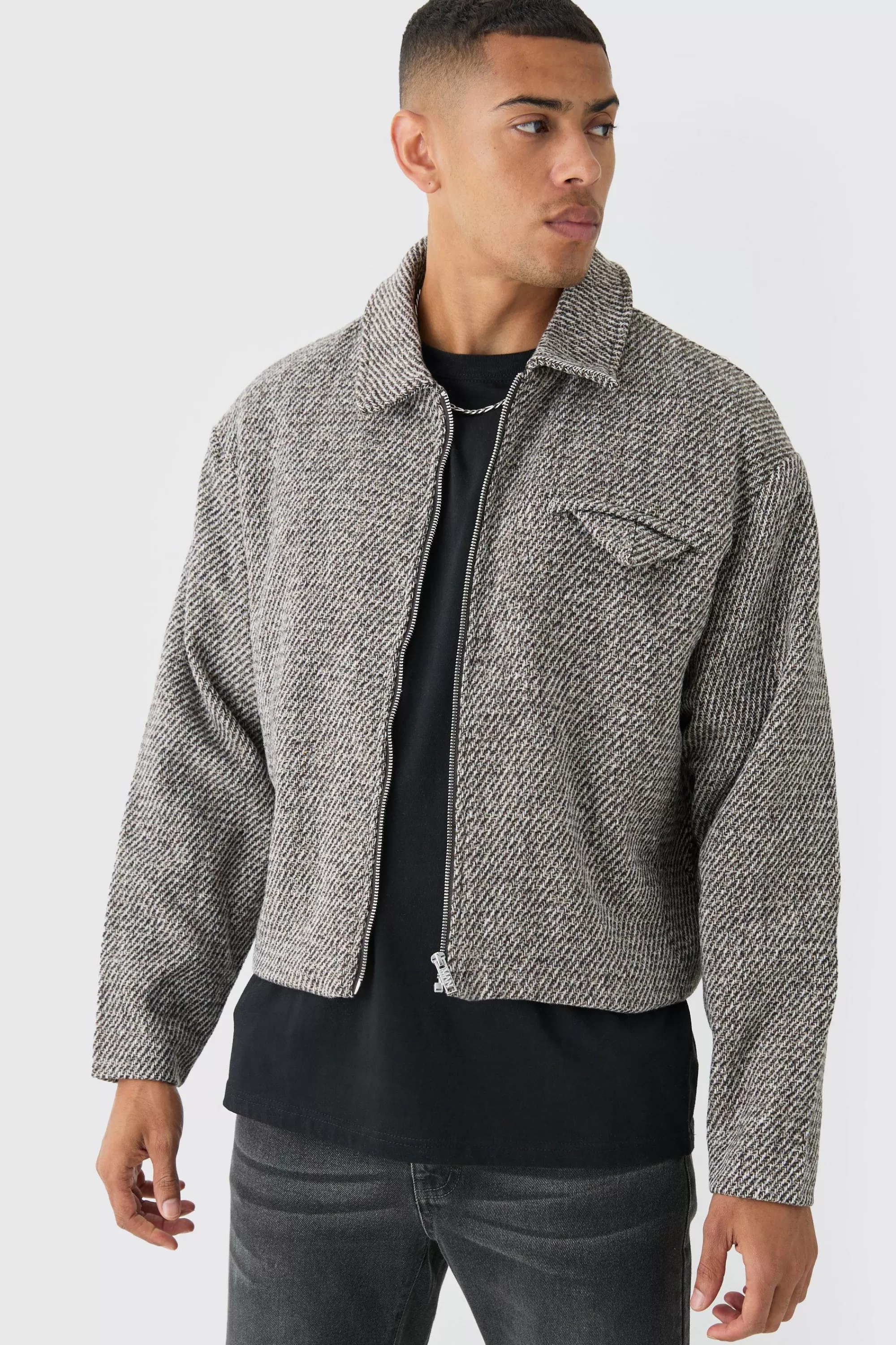 boohooMAN Boxy Tweed Collared Jacket | UK