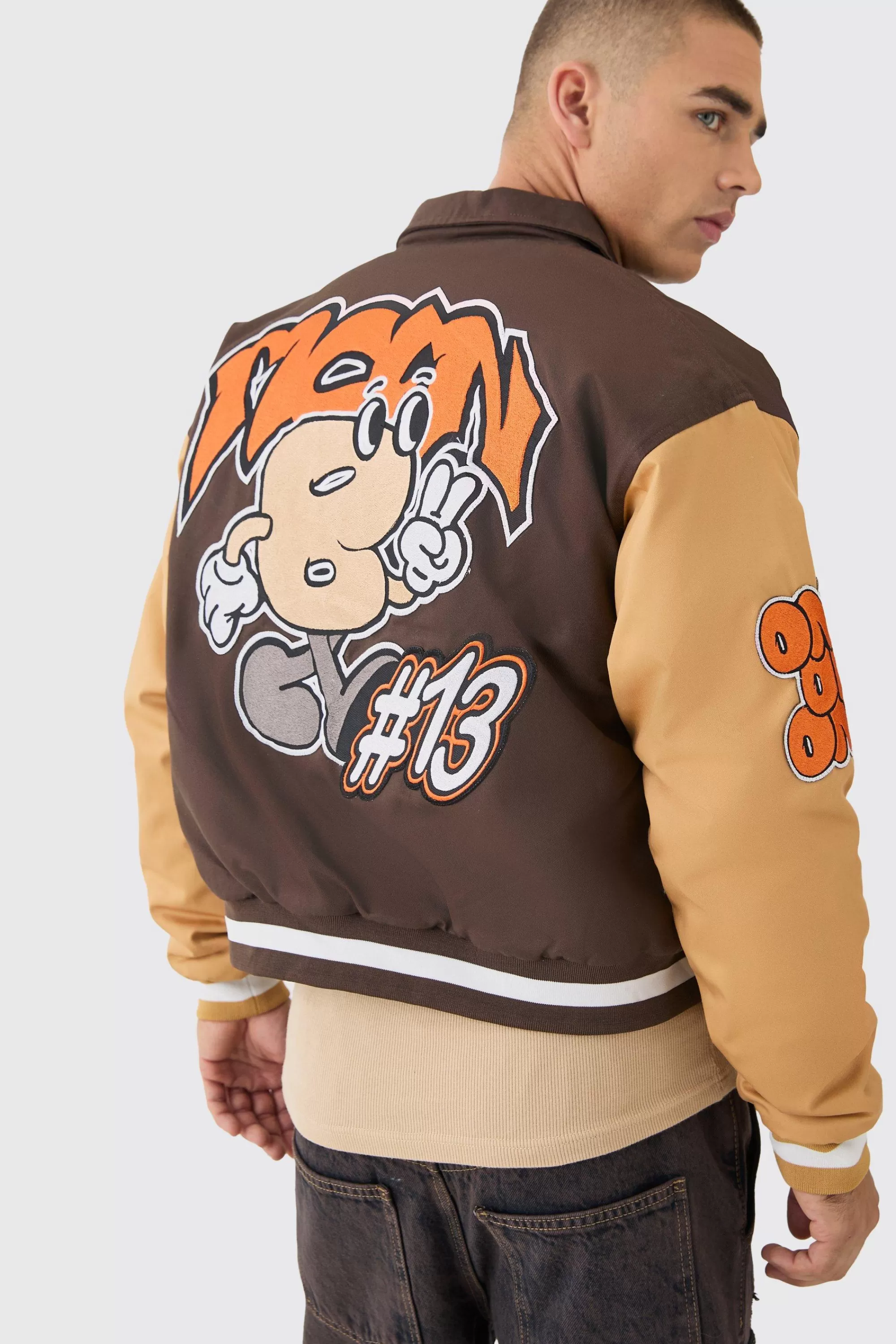 boohooMAN Boxy Twill Embroidered Collared Varsity Jacket In | UK