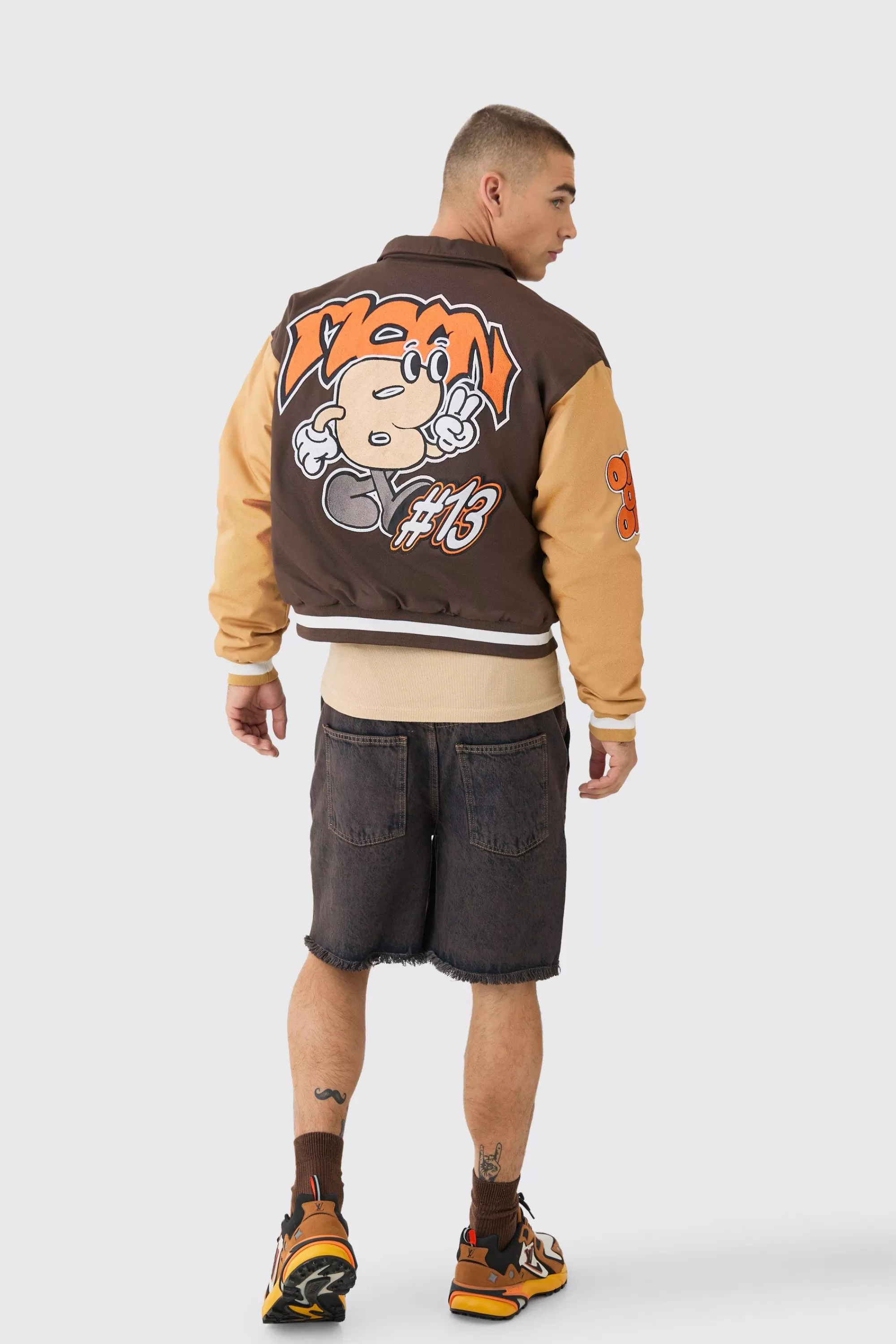 boohooMAN Boxy Twill Embroidered Collared Varsity Jacket In | UK