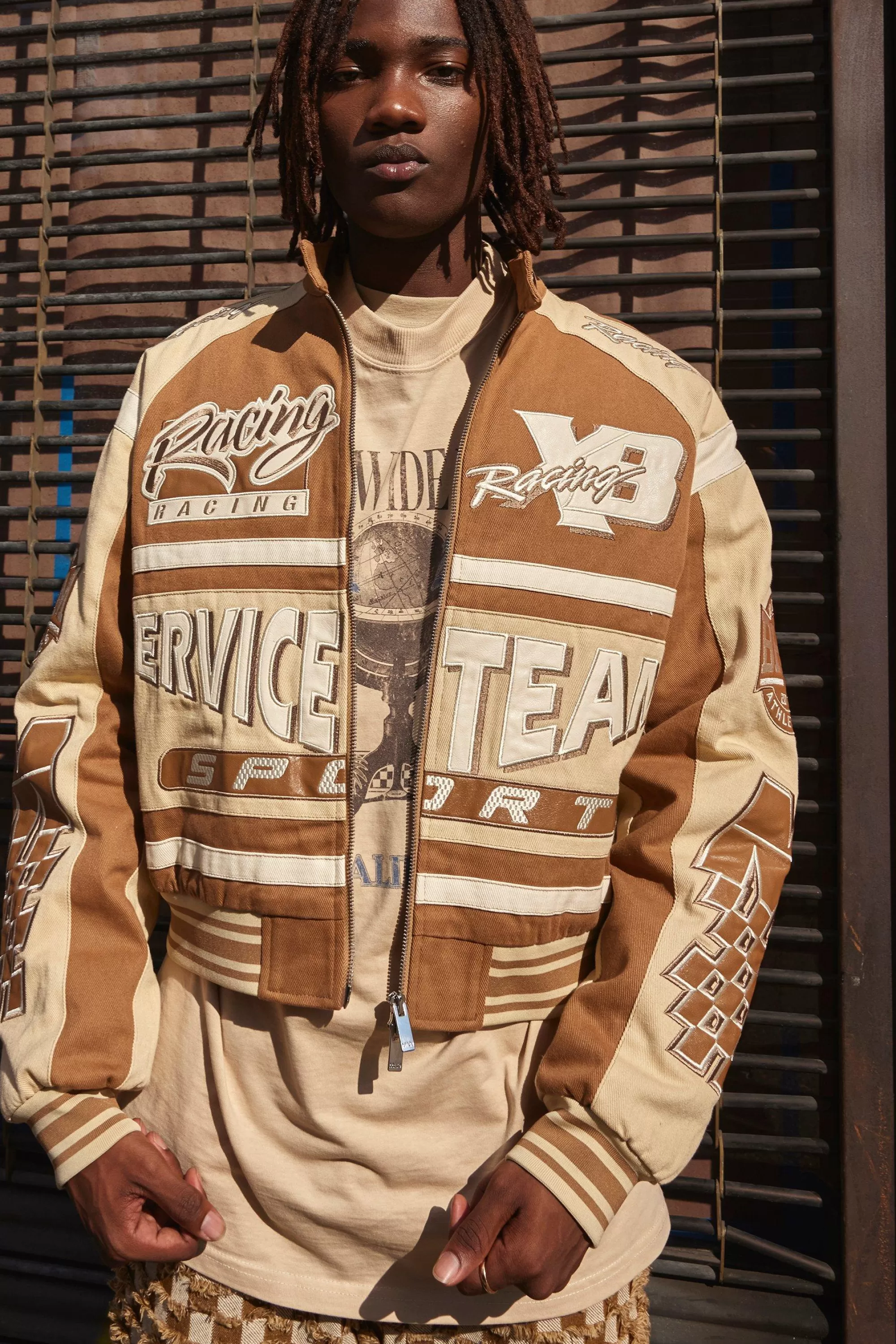 boohooMAN Boxy Twill Multi Badge Moto Jacket | UK