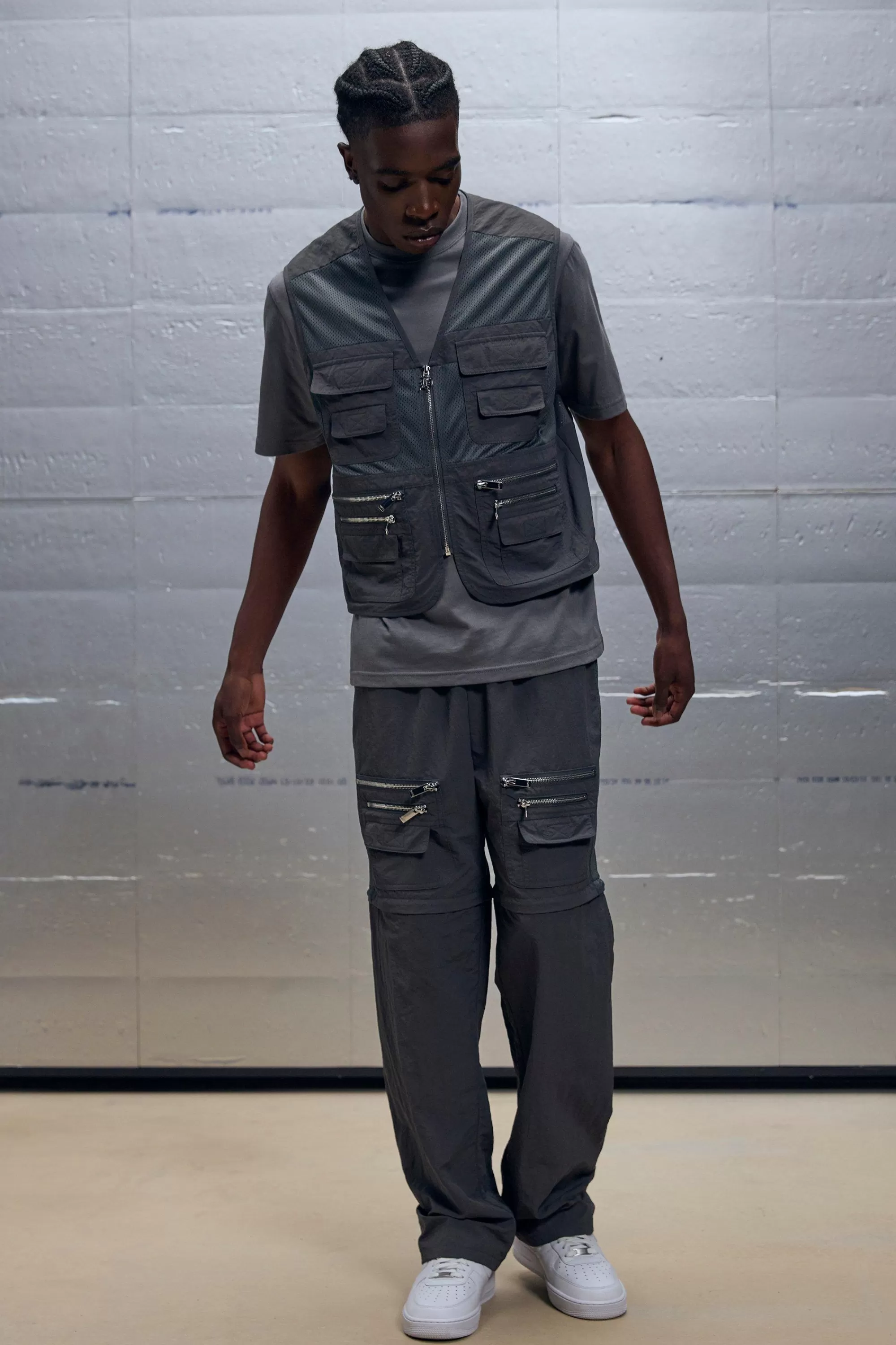 boohooMAN Boxy Utility Mesh Cargo Pocket Vest & Zip Off Trouser Set | UK