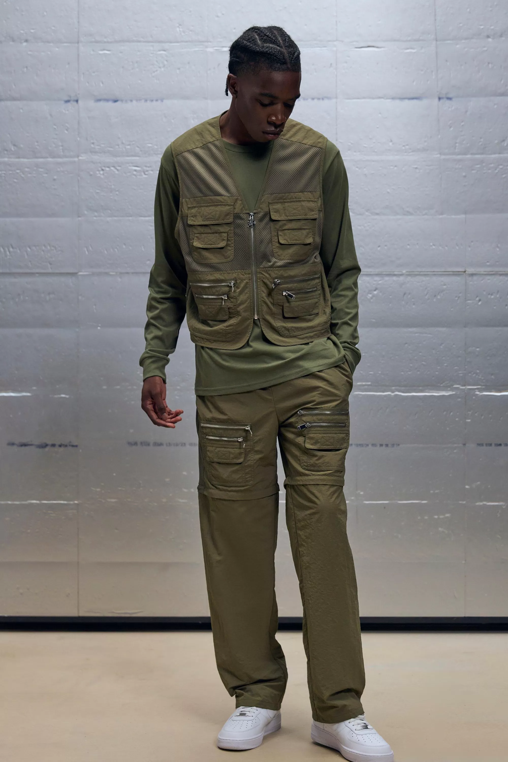 boohooMAN Boxy Utility Mesh Cargo Pocket Vest & Zip Off Trouser Set | UK