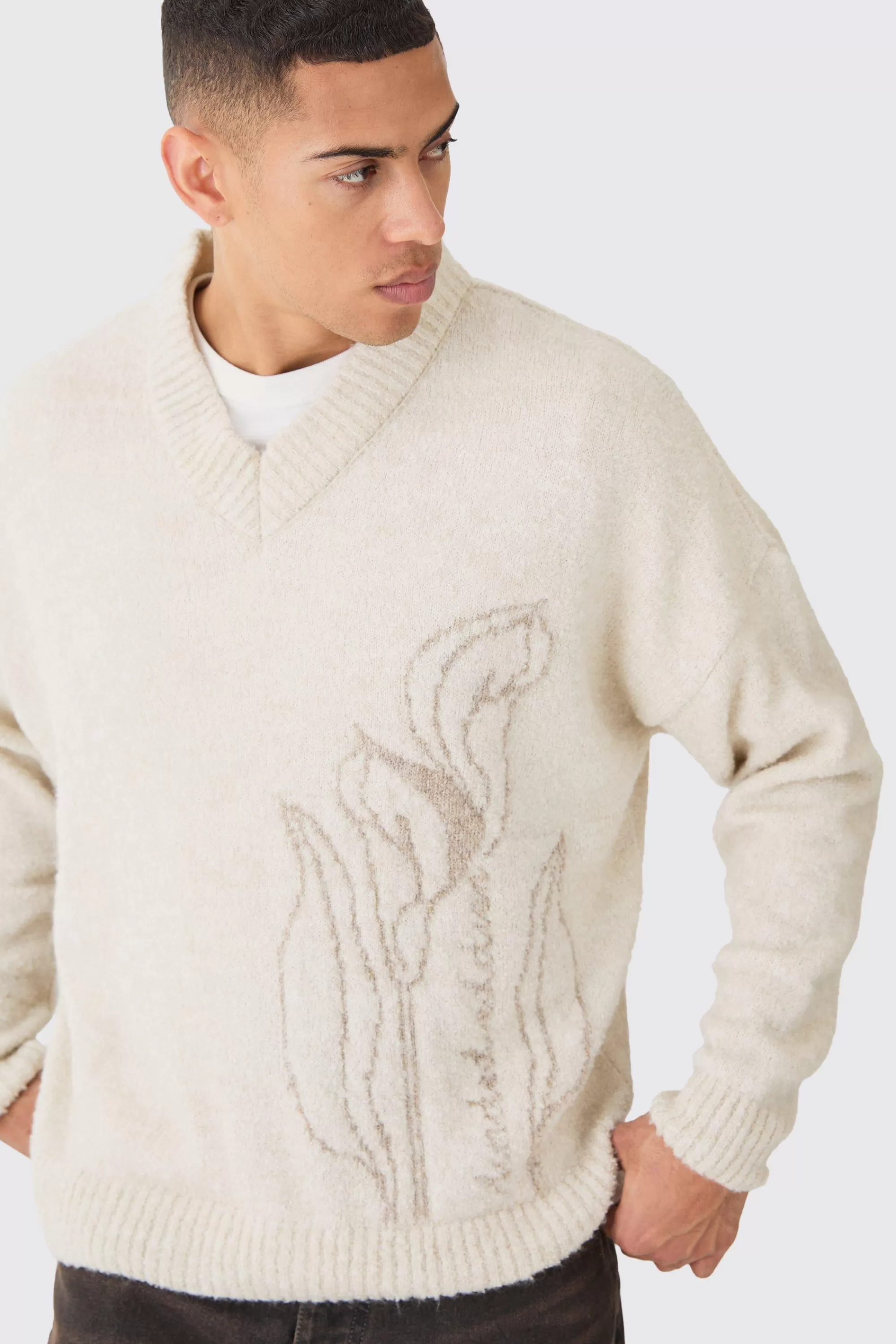 boohooMAN Boxy V Neck Boucle Textured Knit Jumper | UK