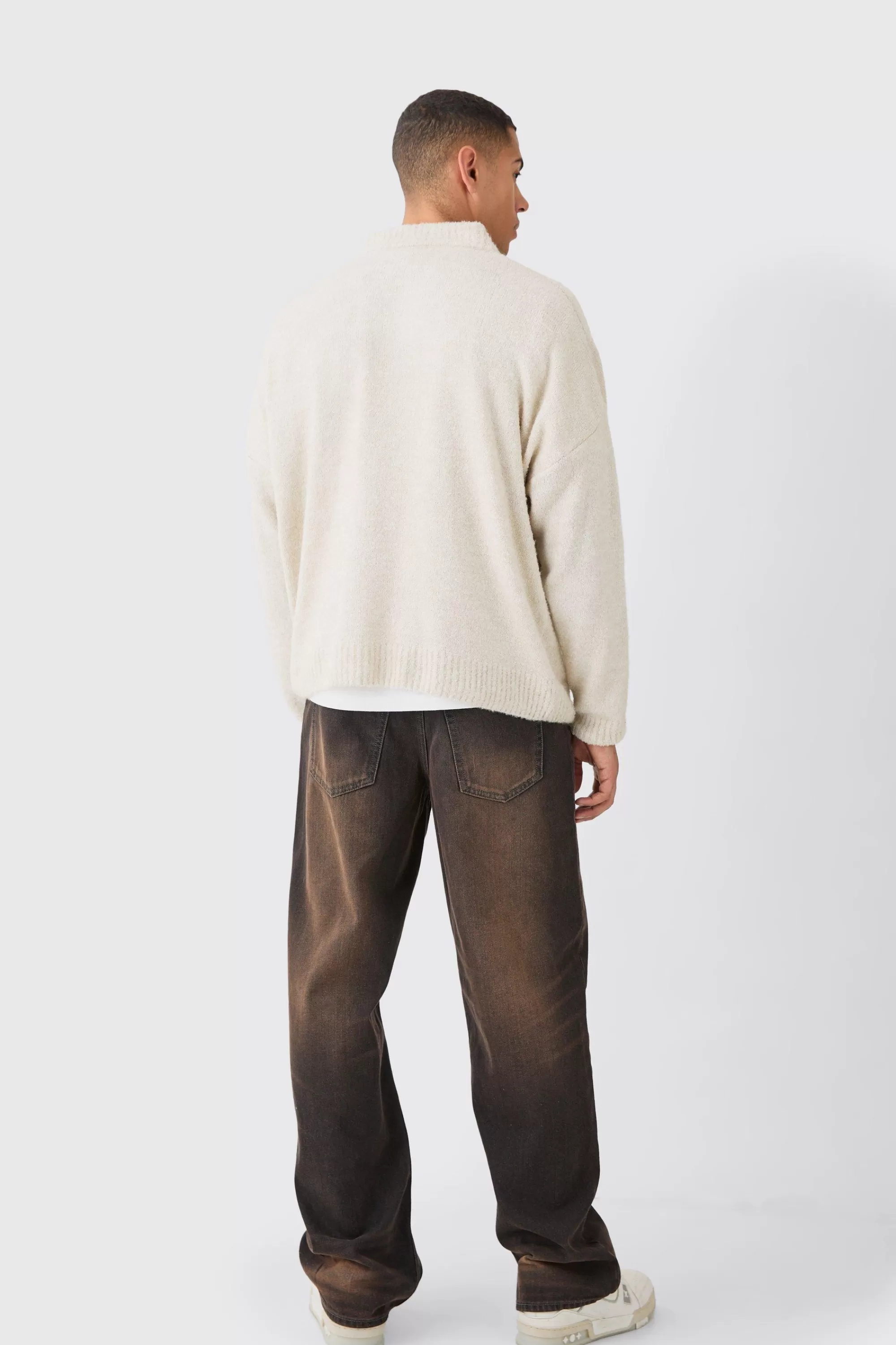 boohooMAN Boxy V Neck Boucle Textured Knit Jumper | UK