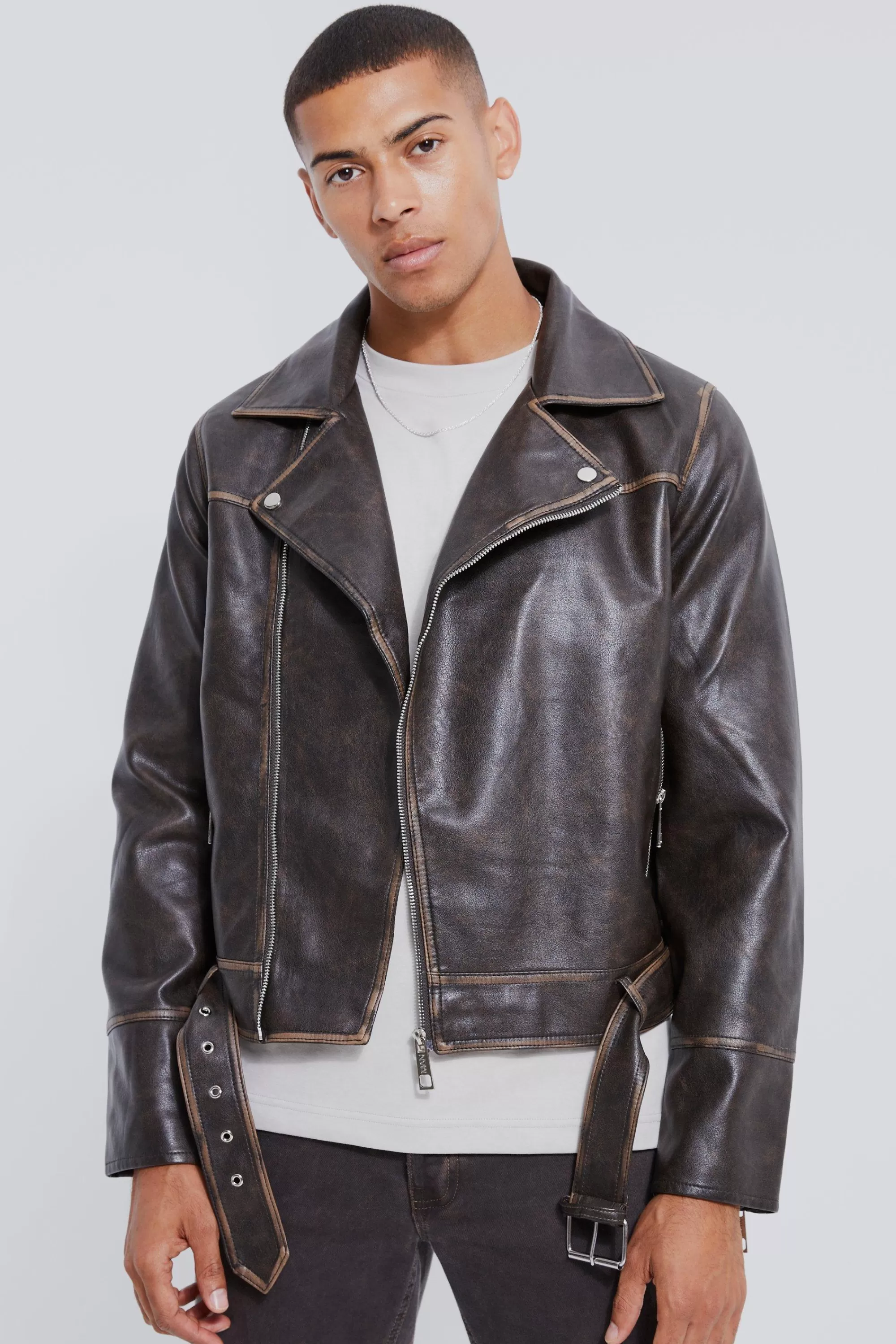 boohooMAN Boxy Vintage Pu Biker Jacket | UK