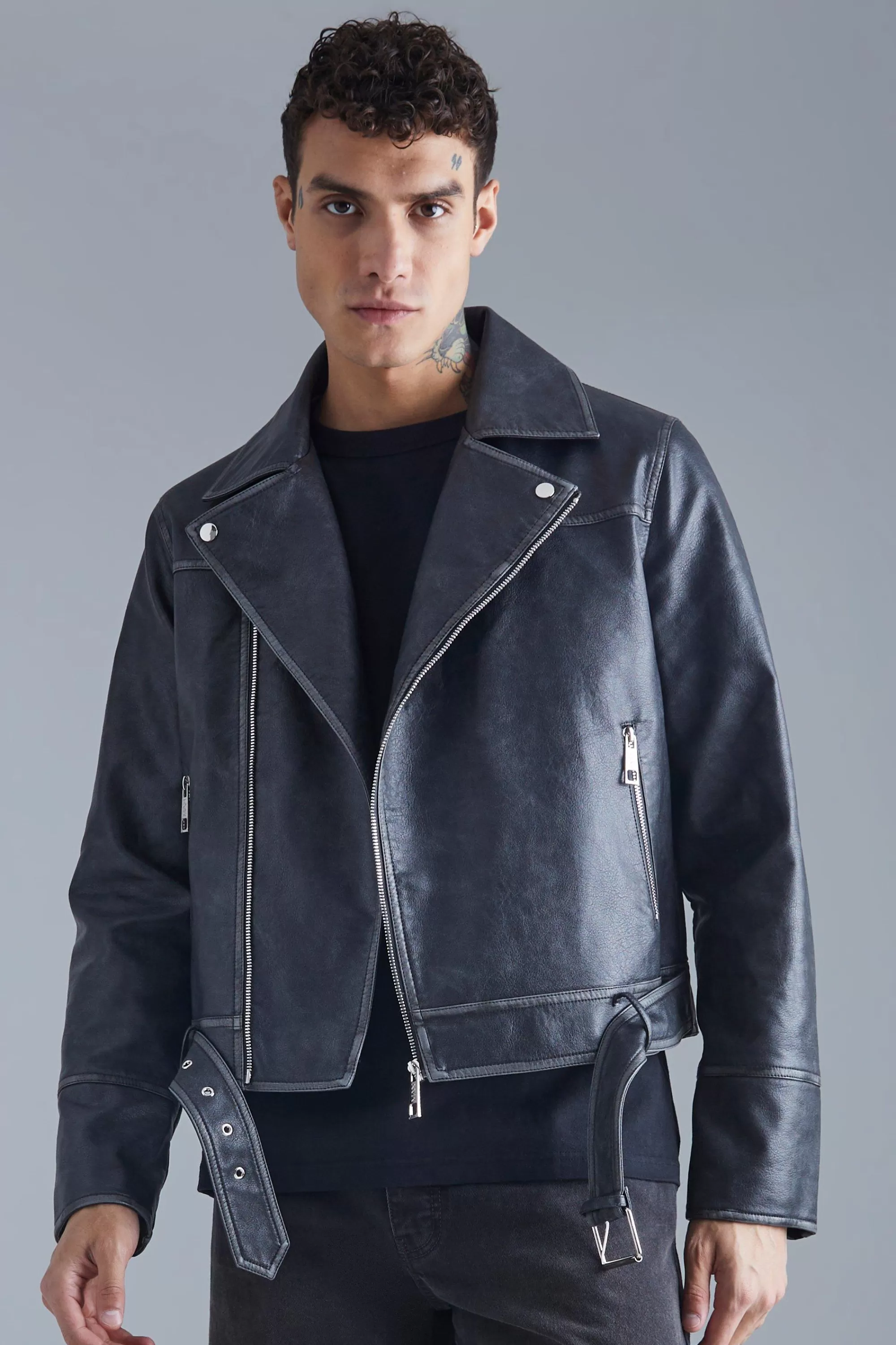 boohooMAN Boxy Vintage Pu Biker Jacket | UK