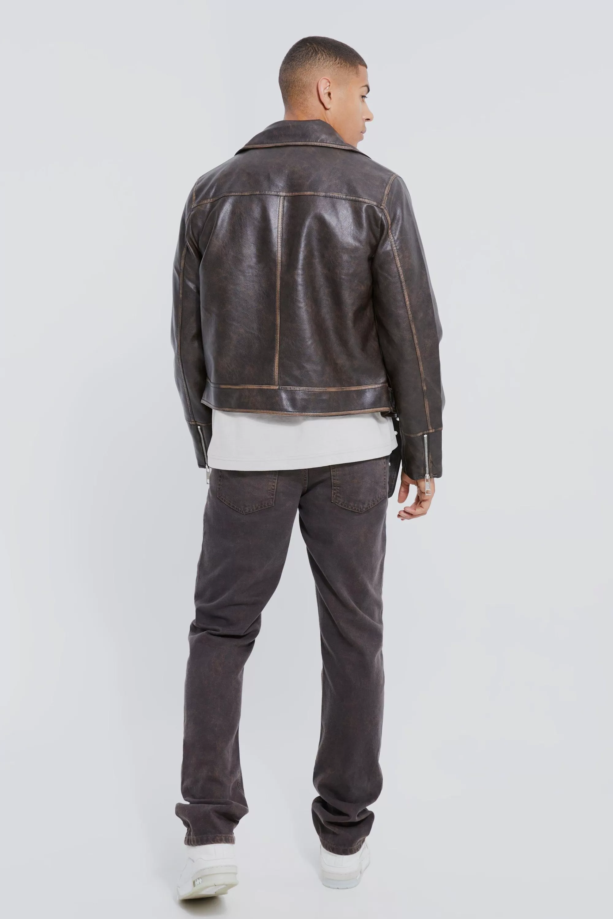 boohooMAN Boxy Vintage Pu Biker Jacket | UK