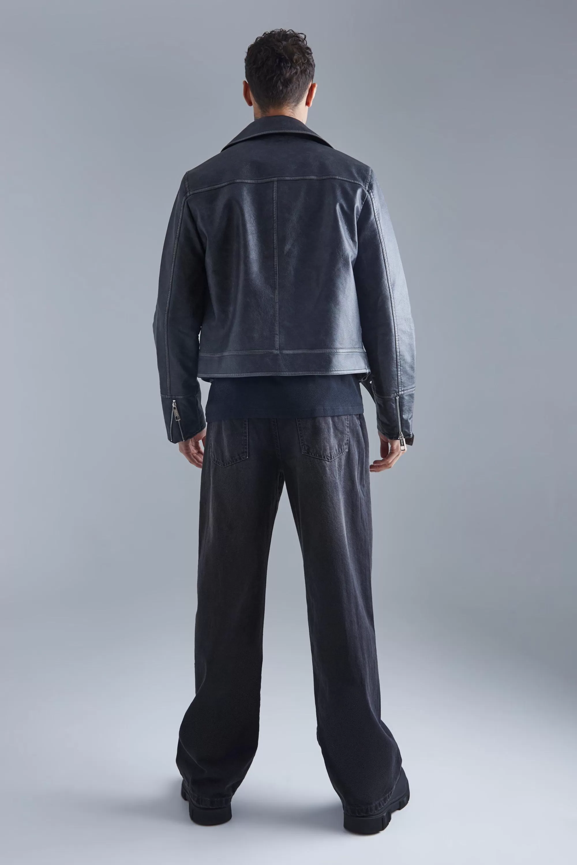boohooMAN Boxy Vintage Pu Biker Jacket | UK