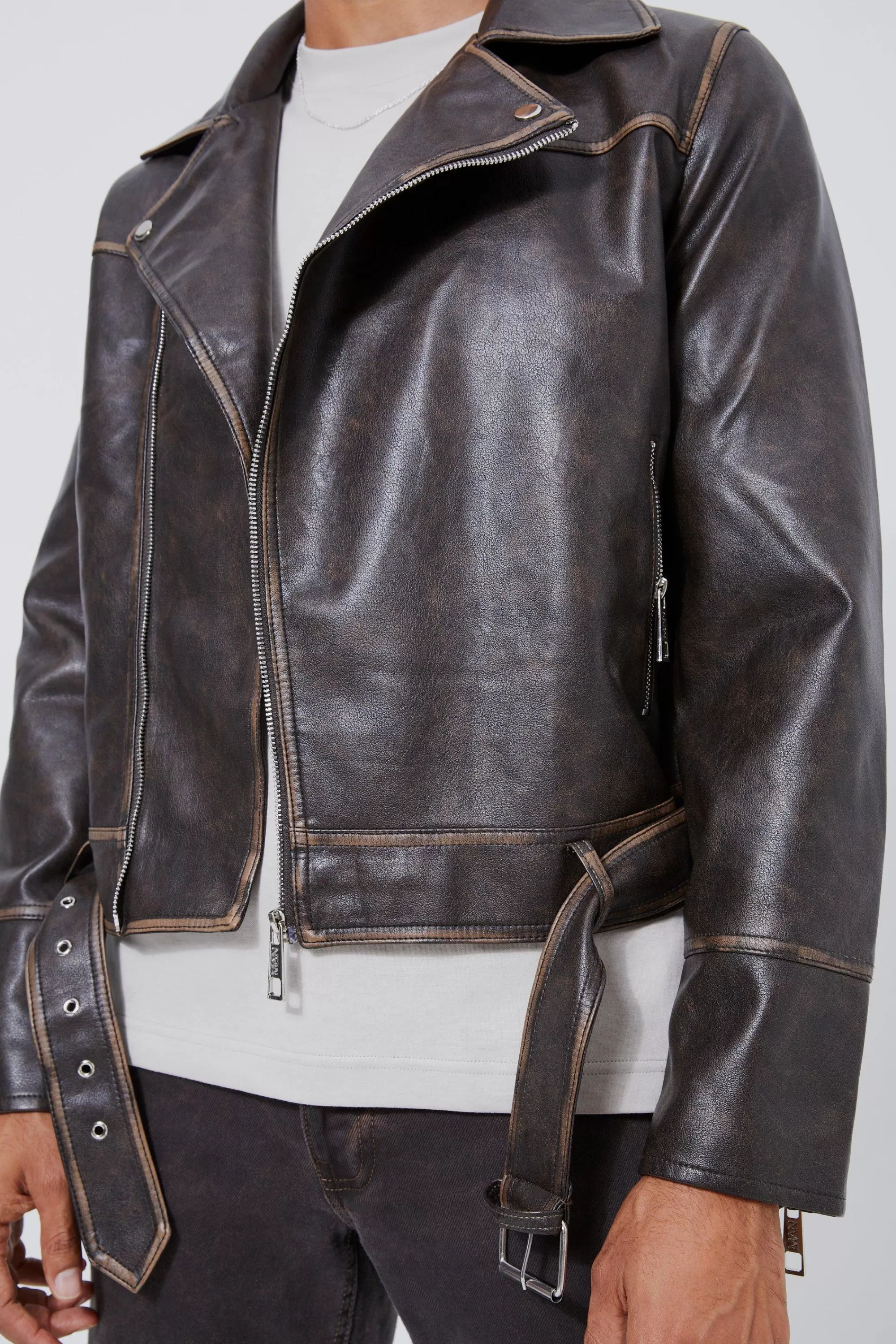 boohooMAN Boxy Vintage Pu Biker Jacket | UK