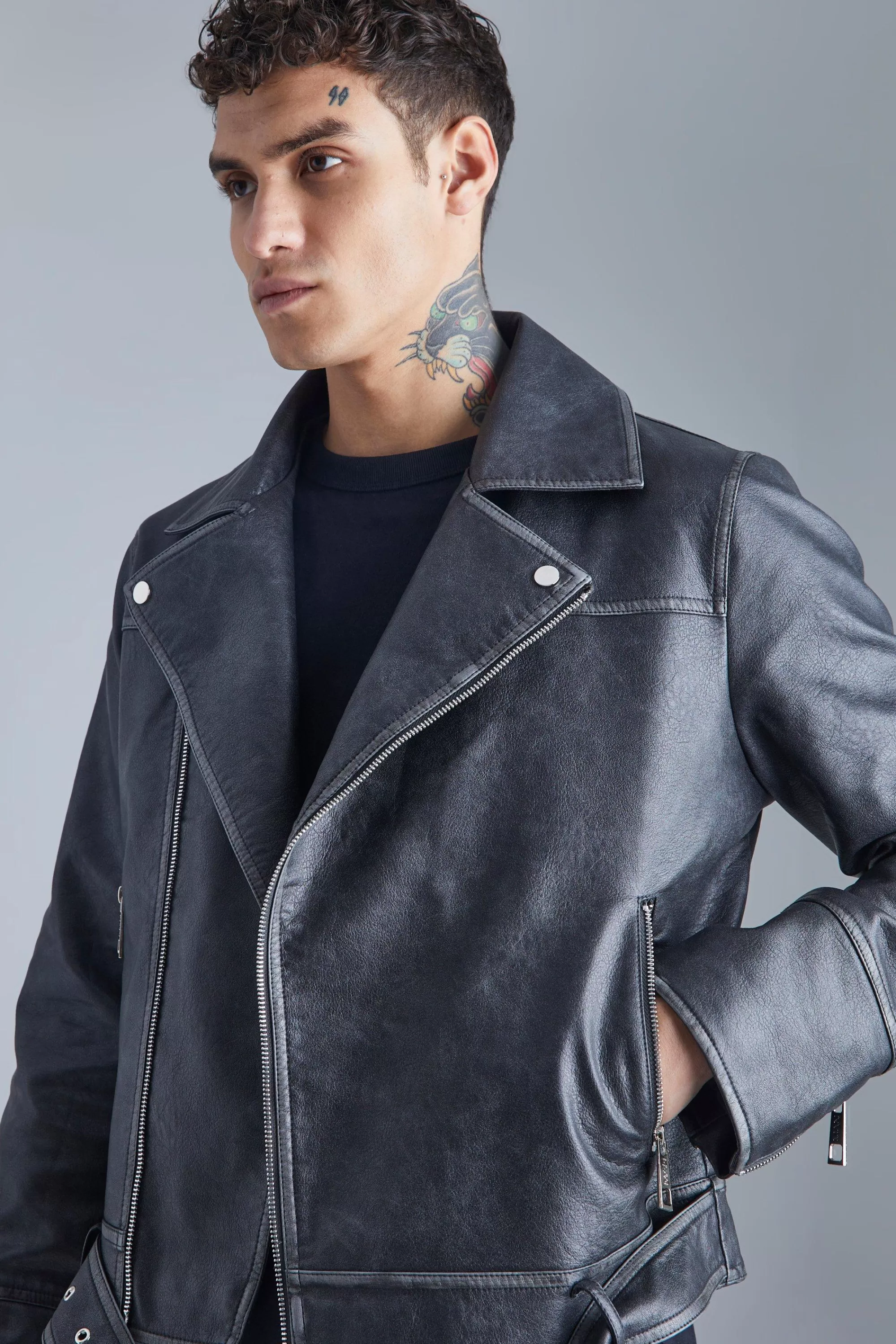 boohooMAN Boxy Vintage Pu Biker Jacket | UK