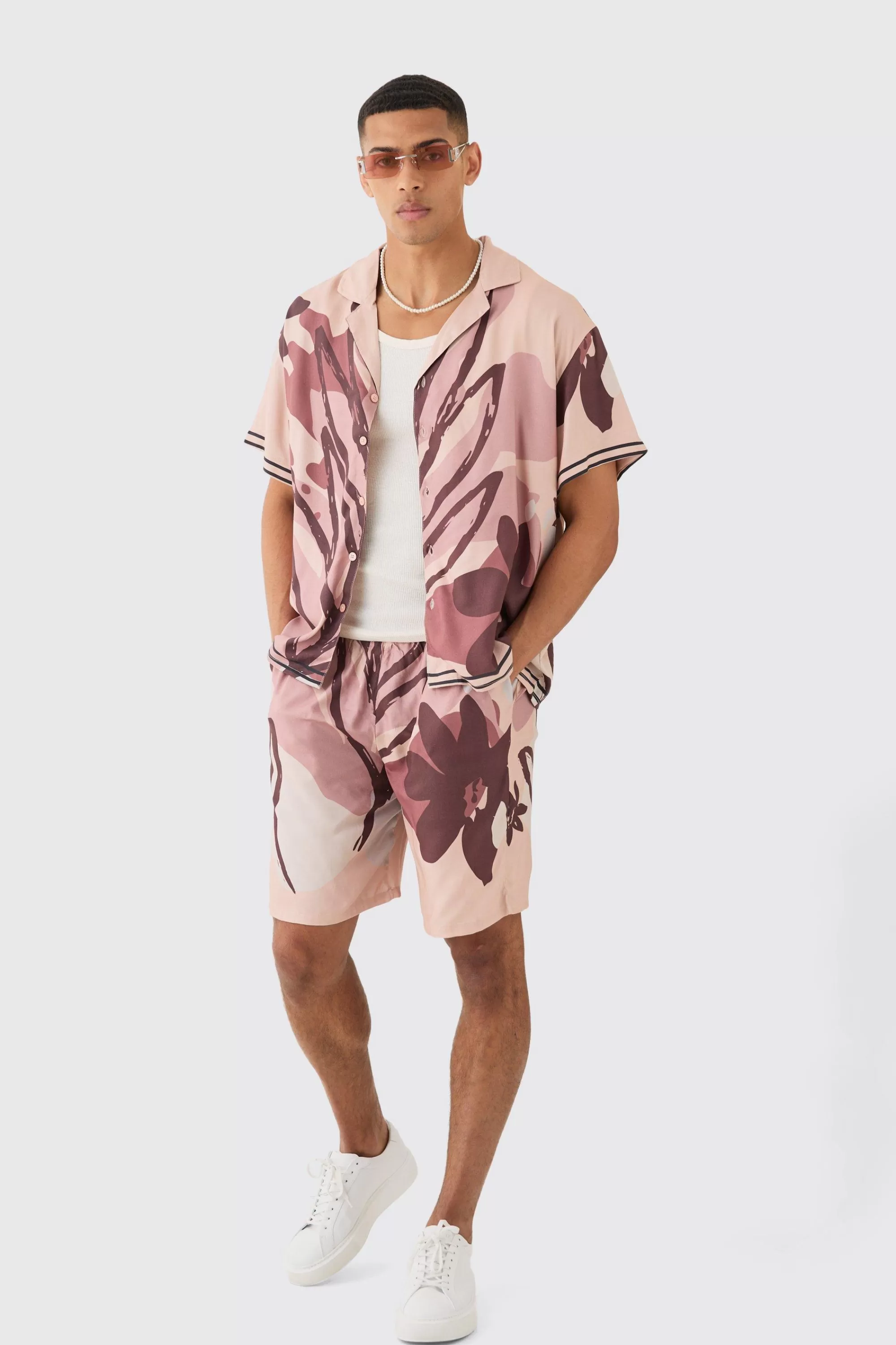boohooMAN Boxy Viscose Abstract Flower Shirt & Short Set | UK