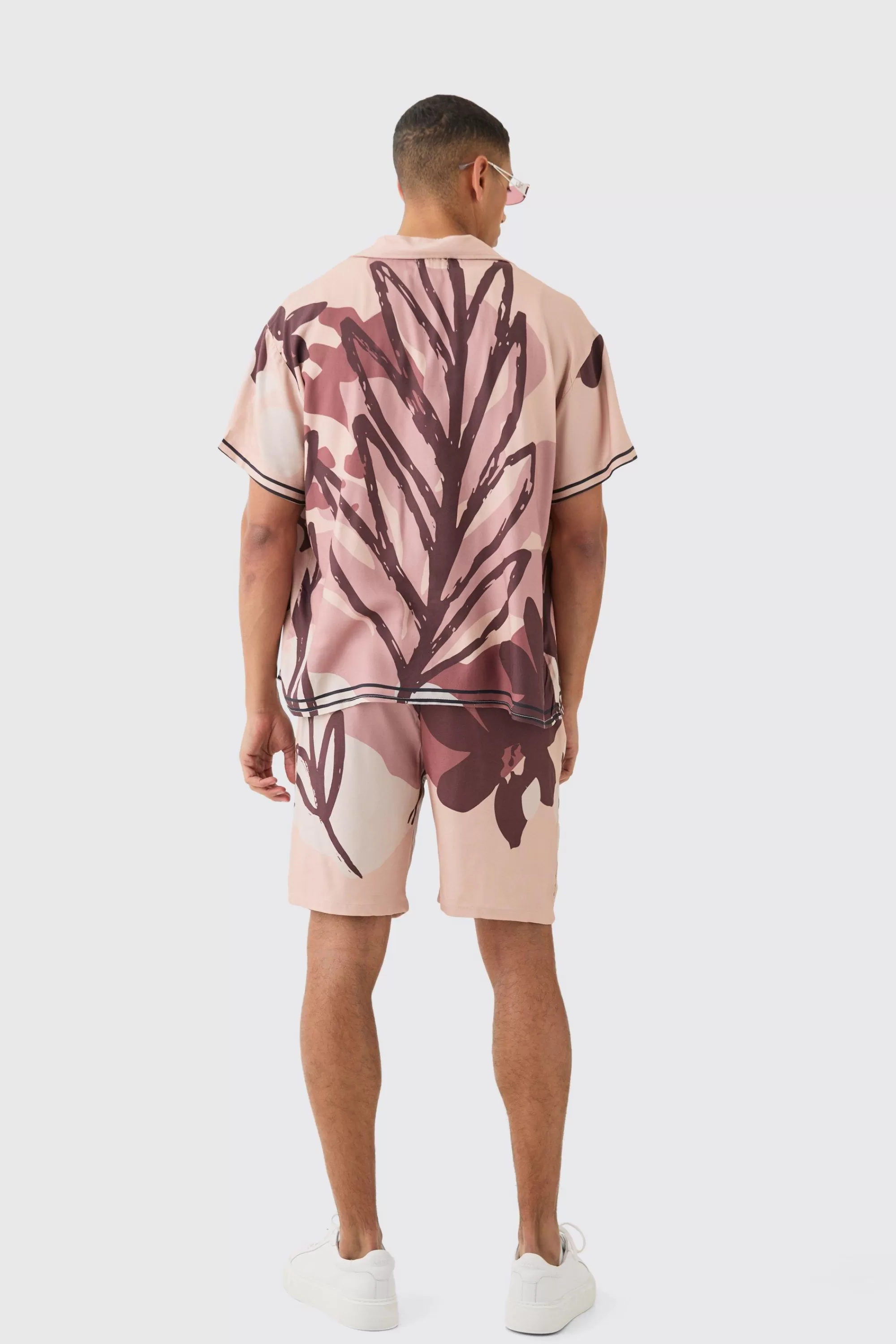 boohooMAN Boxy Viscose Abstract Flower Shirt & Short Set | UK