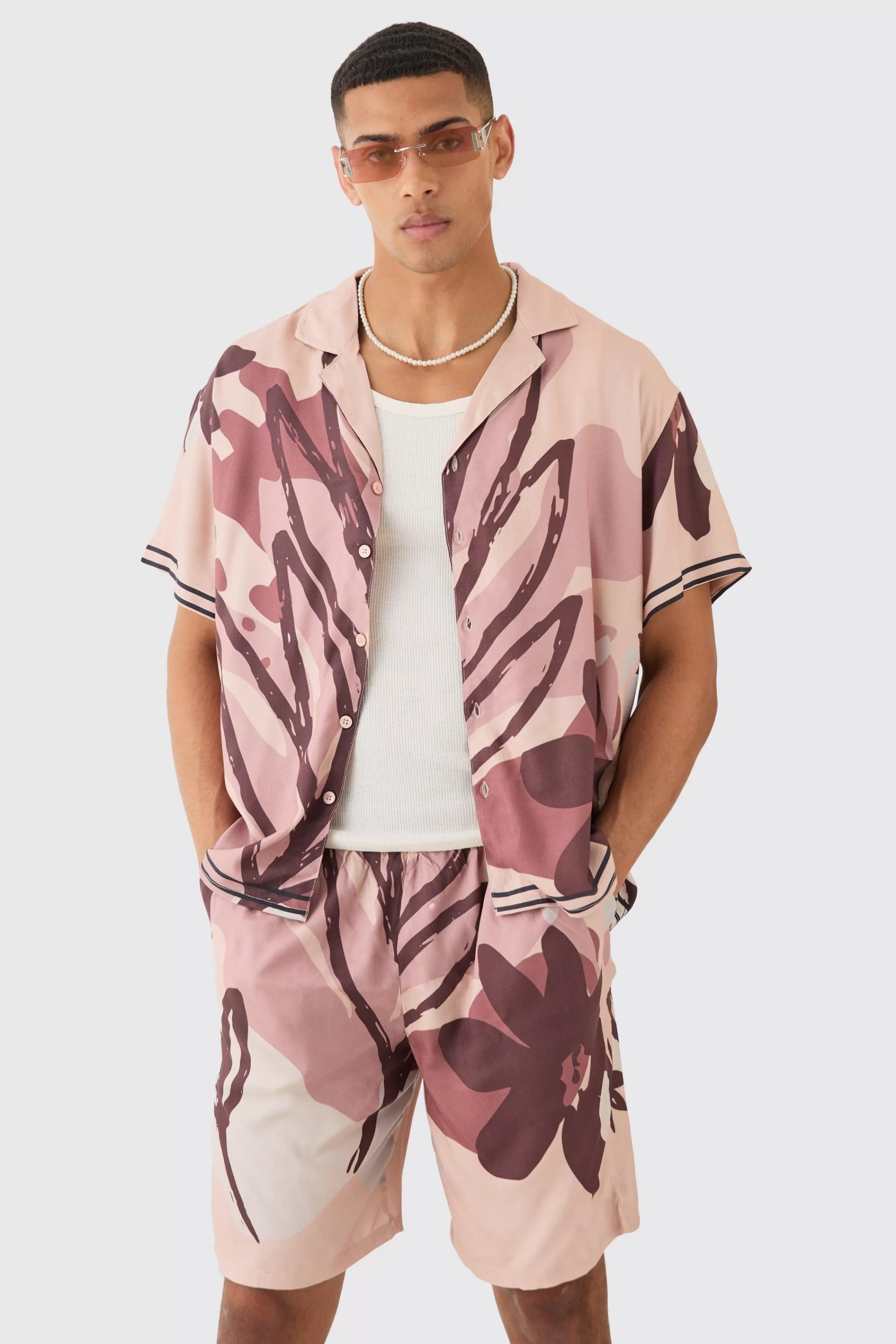 boohooMAN Boxy Viscose Abstract Flower Shirt & Short Set | UK
