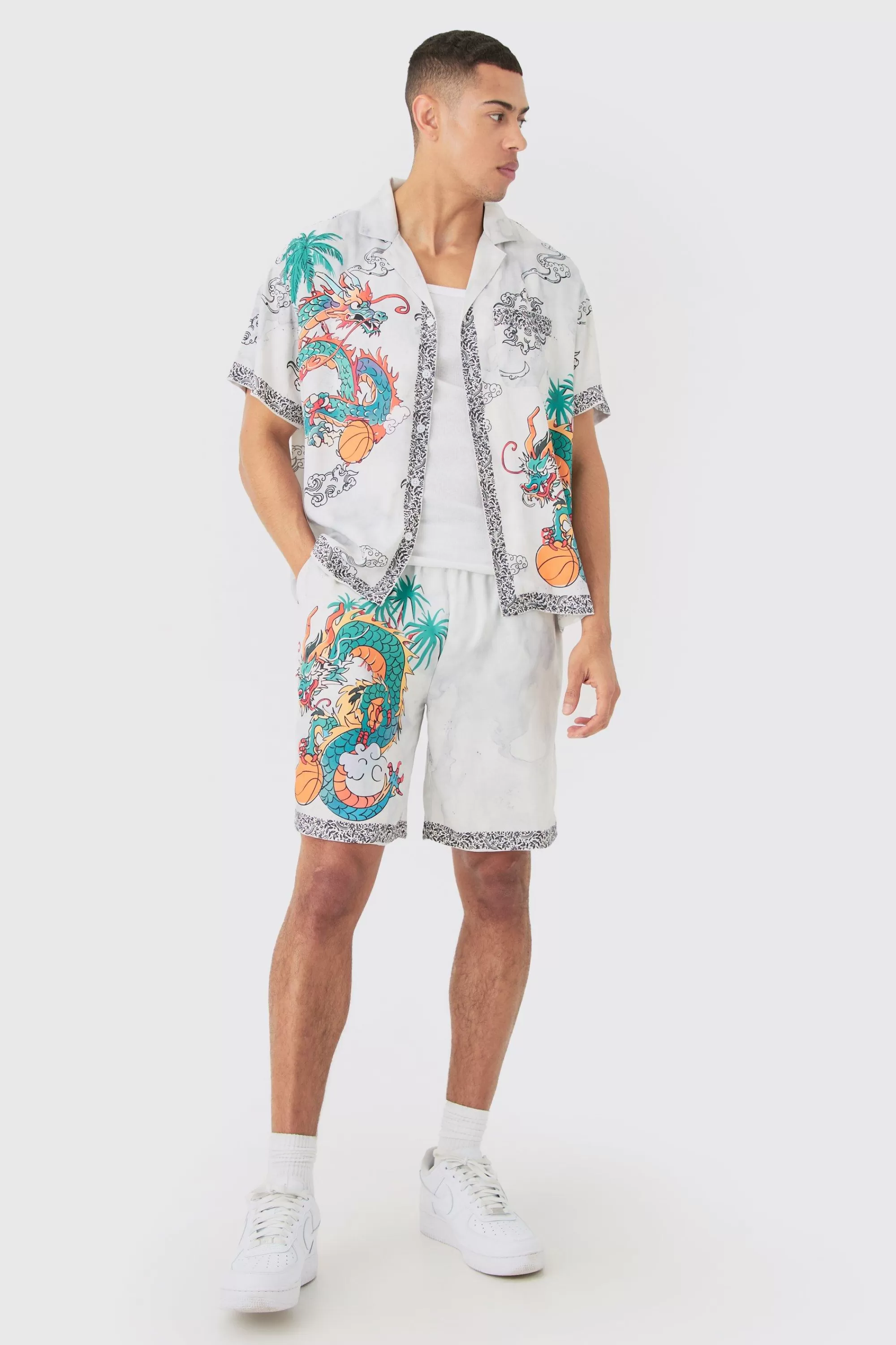 boohooMAN Boxy Viscose Dragon Shirt & Short Set | UK