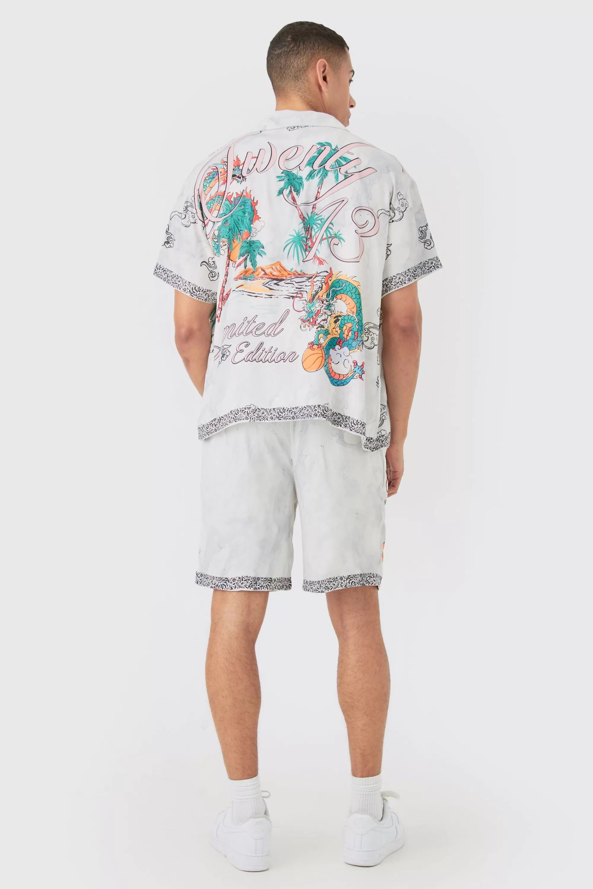 boohooMAN Boxy Viscose Dragon Shirt & Short Set | UK